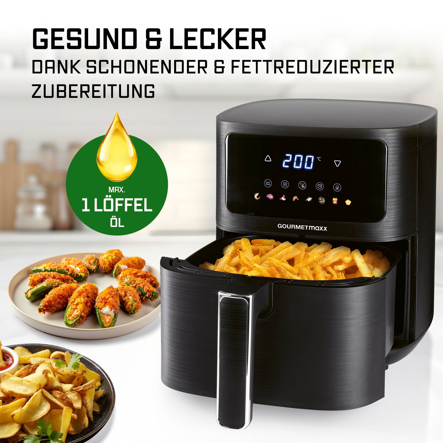 Heißluftfritteuse - 4,5 Liter in Mattschwarz mit LED-Touchdisplay für fettarmes und schonendes Frittieren knuspriger Gerichte.