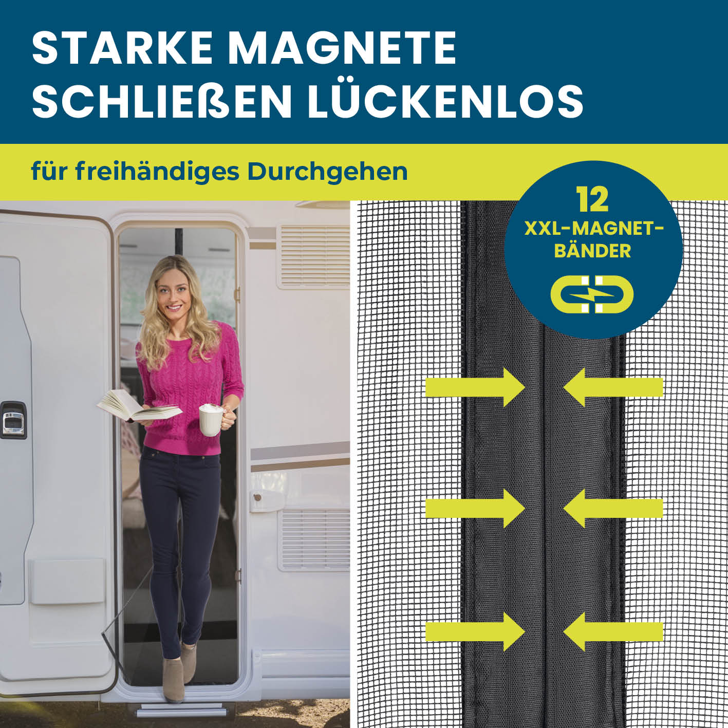 Insektenschutzvorhang für Wohnwagen - 60 x 195 cm mit 12 starken Magnetbändern für selbstschließende, lückenlose Insektensicherung.