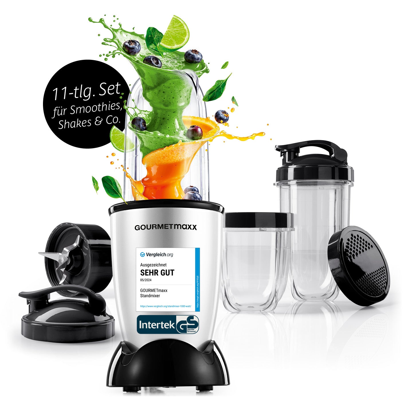 Mr. Magic Power 400 Pro mit Zubehörset L Silber Schwarz Standmixer mit 11-teiligem Set für Smoothies Shakes und mehr
