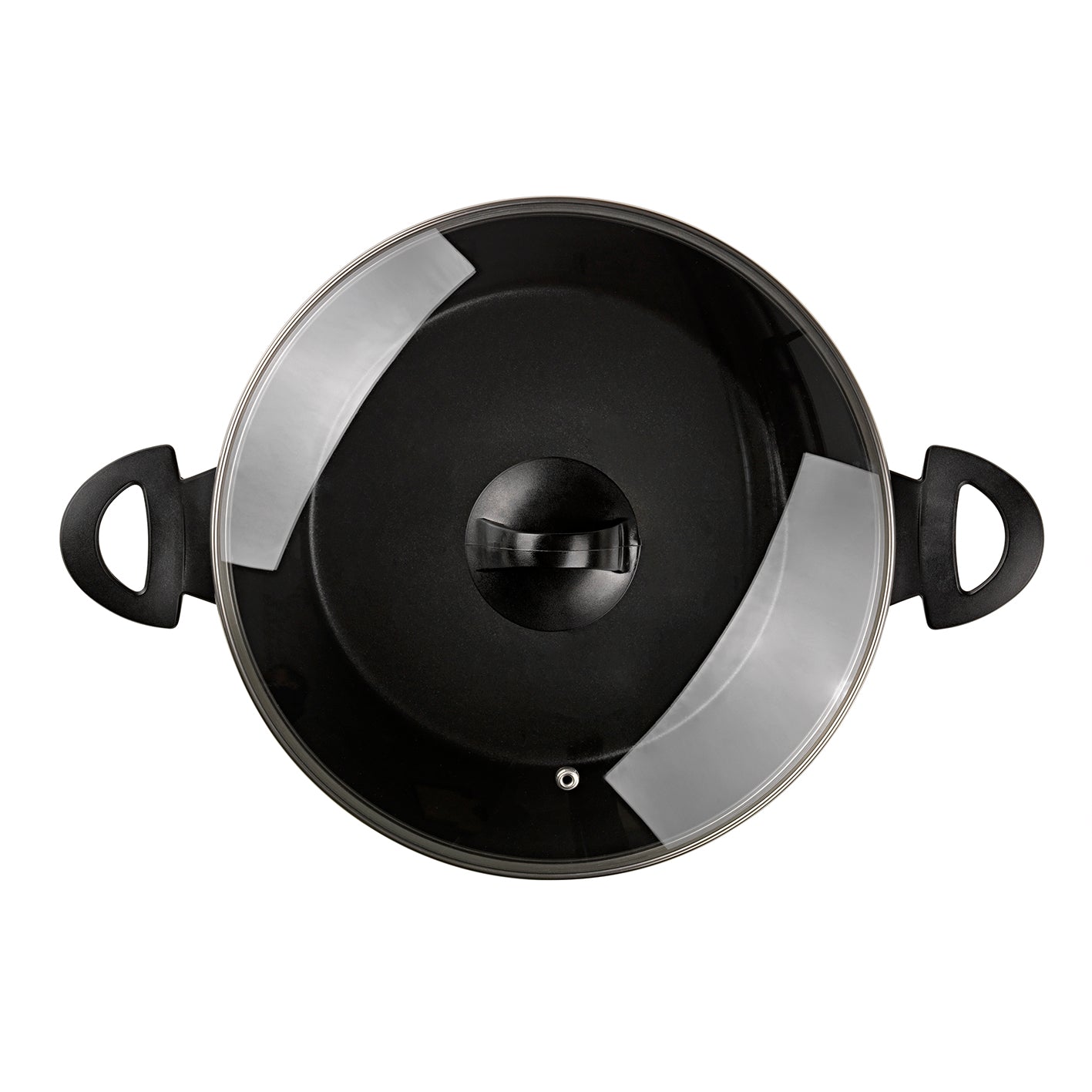Aluminium-Kochtopf geschmiedet - 20 cm - schwarz mit Glasdeckel und Cool-Touch-Griffen, geeignet für alle Herdarten inklusive Induktion.
