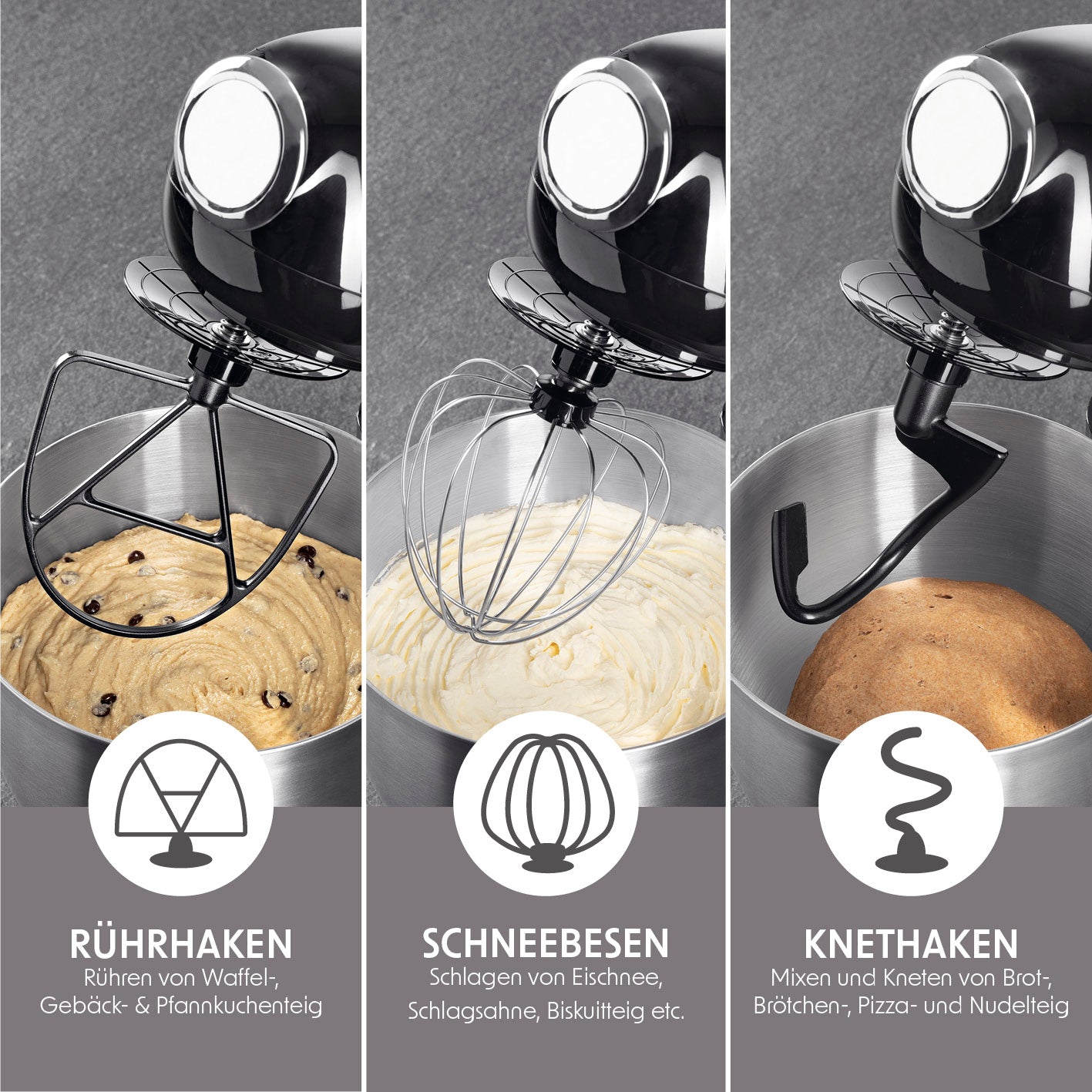 Küchenmaschine mit 1000 W Kupfermotorkopf, planetarischem Rührsystem und Zubehör für Rühren, Schlagen und Kneten.