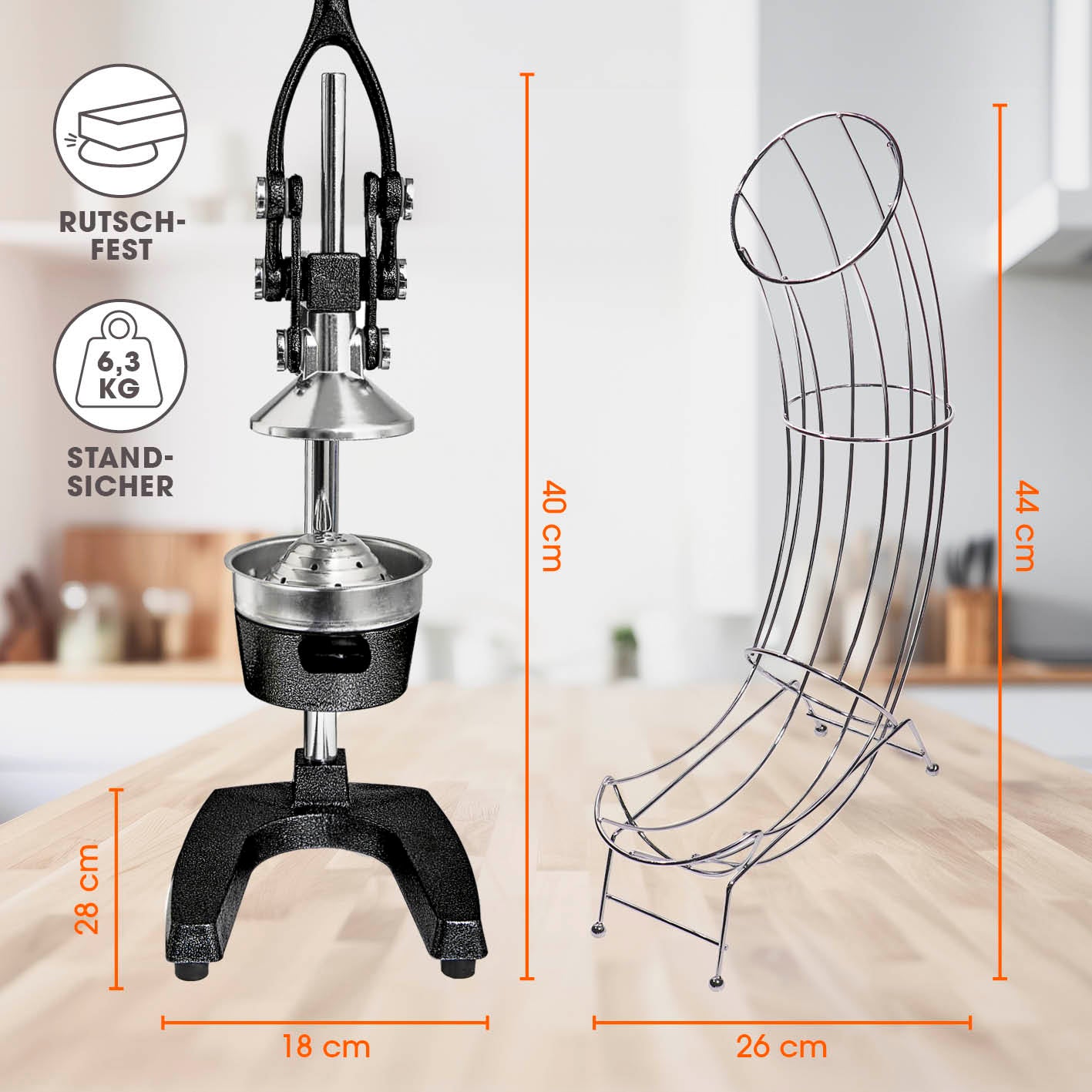 Set Saftpresse & Orangenspender - Schwarz/Silber mit Maßen, rutschfest und standsicher für effizientes Entsaften und Lagerung von Zitrusfrüchten.