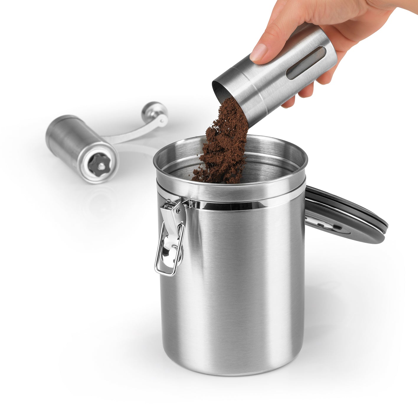 KAFFEEDOSE Vorratsdose mit Dosierlöffel - 1,9 l aus Edelstahl mit luftdichtem Bügelverschluss und Frischeschutzventil.