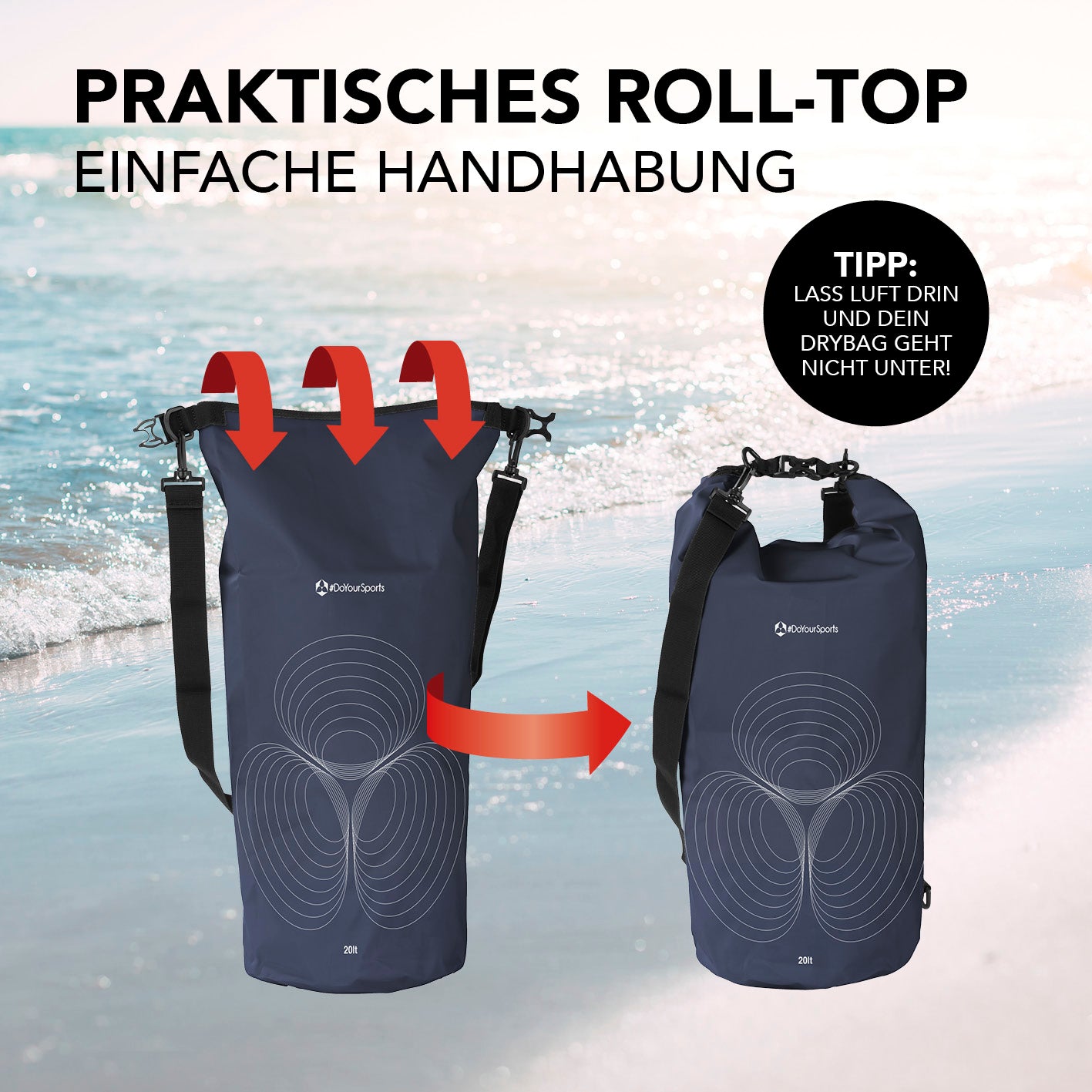 Dry Bag 20L - Dunkelblau mit wasserdichtem Rolltop-Verschluss, verstellbarem Schultergurt und robustem Material für Outdoor-Abenteuer.