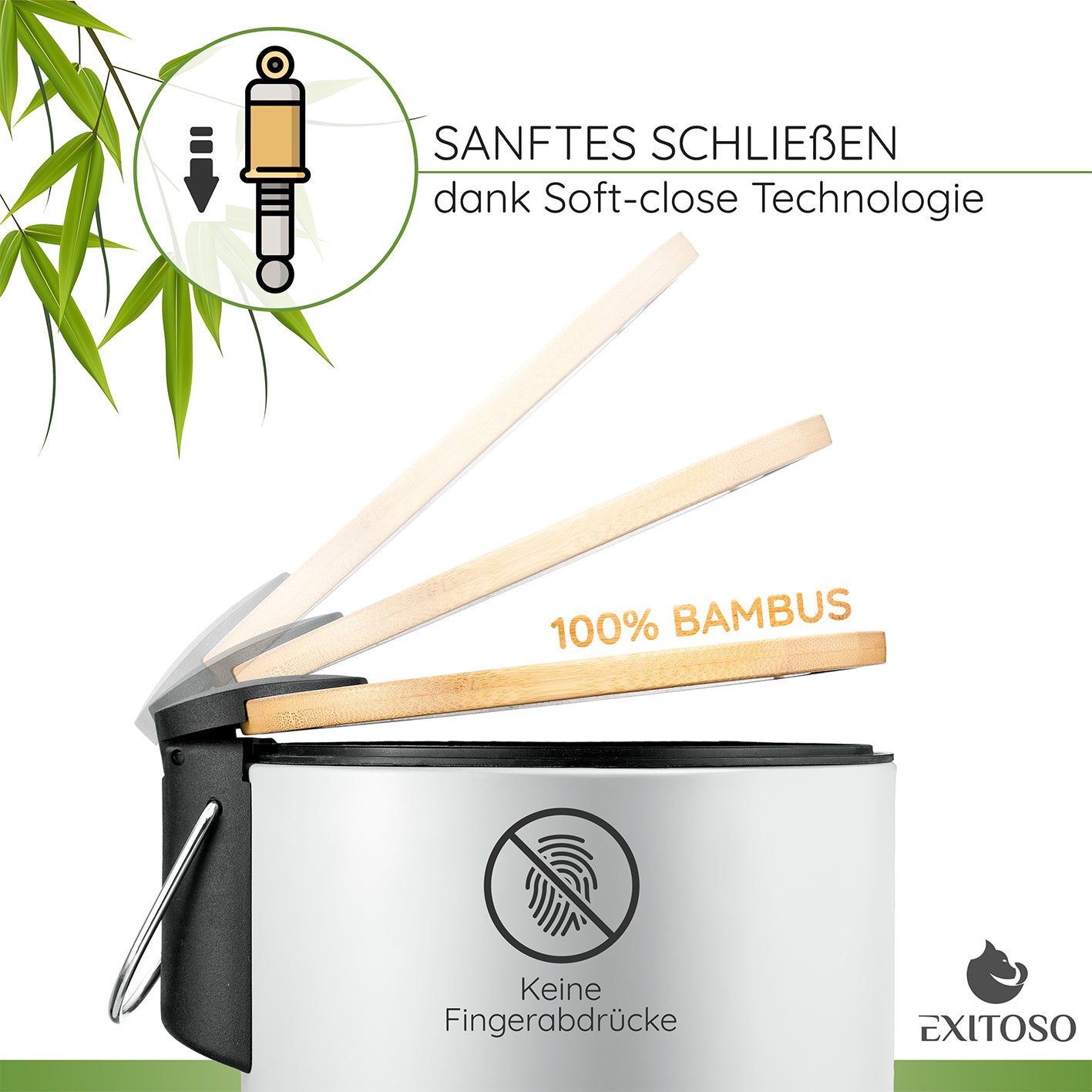 Tretmülleimer mit Softclose-Deckel - 3 l - Weiß, Bambusdeckel schließt sanft und geräuschlos dank Softclose-Technologie, keine Fingerabdrücke.