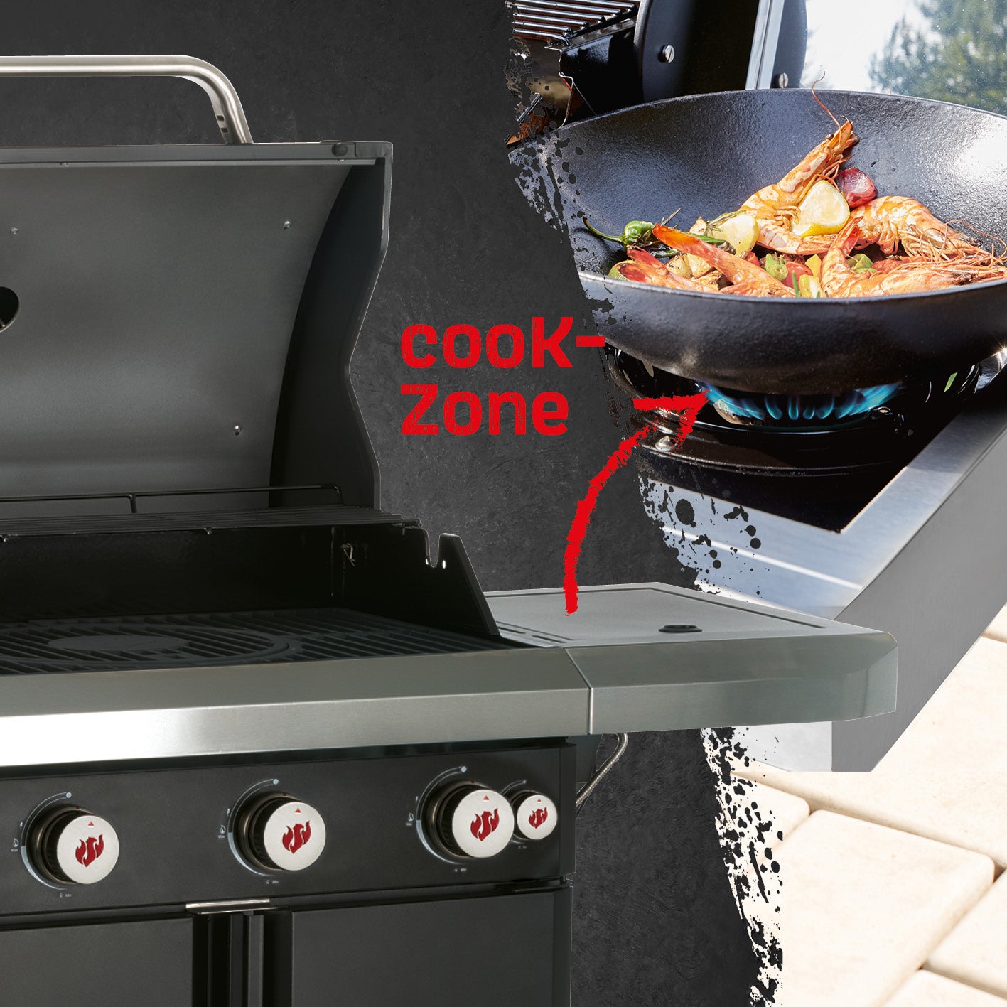 Gasgrill Rexon PTS 3.1 schwarz mit 3 Edelstahl-Brennern und Seitengrill, emaillierte Grillroste und Temperaturanzeige im Deckel.