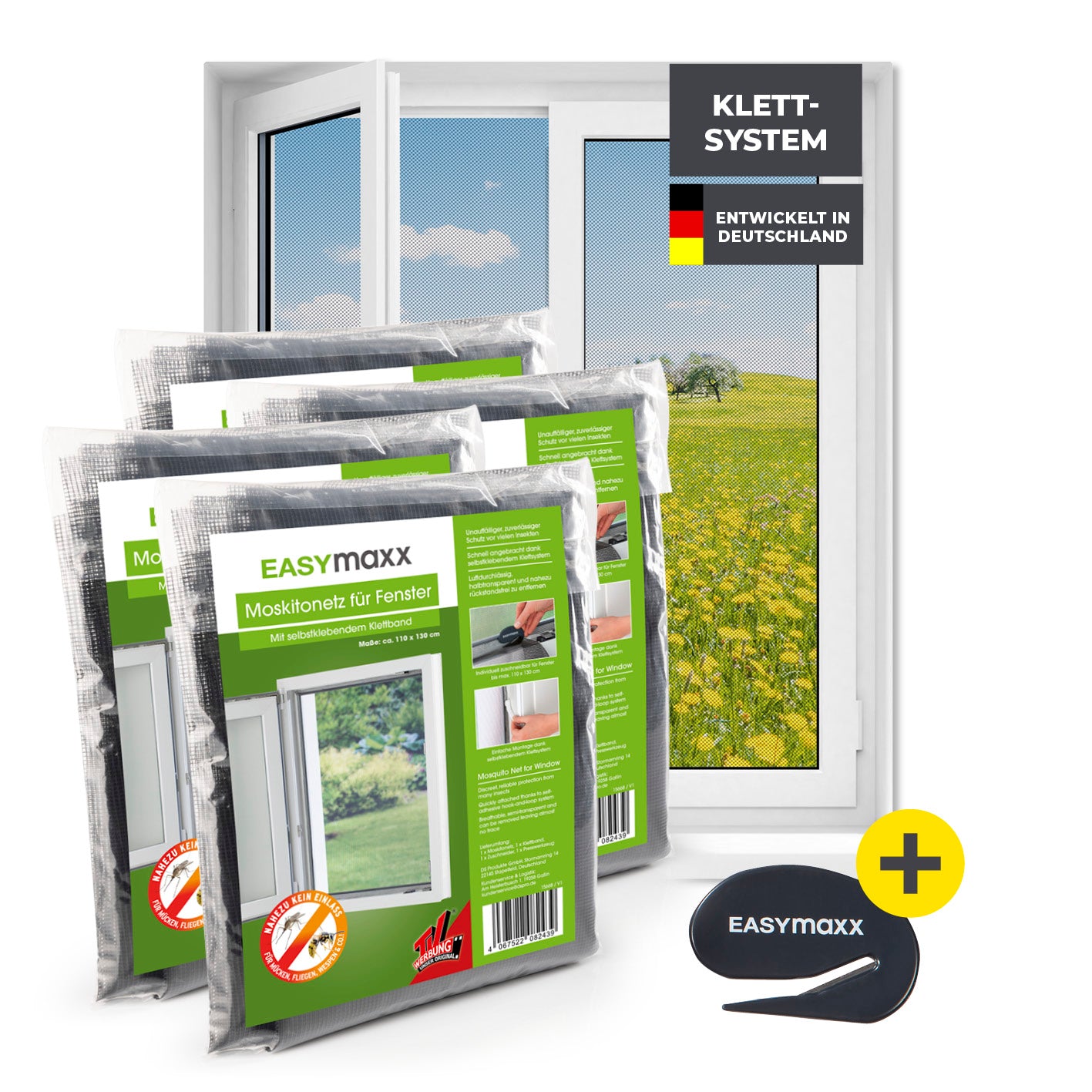 Moskitonetz für Fenster mit selbstklebendem Klettband 4er-Set 110x130 cm Schwarz, einfach montierbar ohne Bohren oder Schrauben.