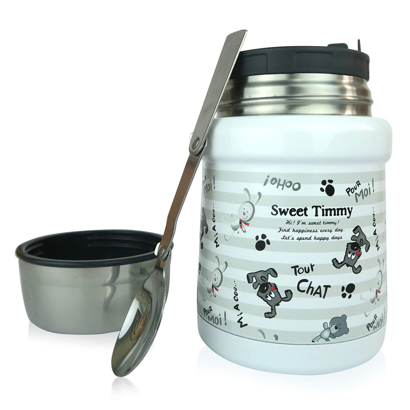 Thermobehälter - 450 ml - Edelstahl - Hunde/Grau mit Doppelwand, Auslaufsicher, inklusive Löffel und praktischem Deckel als Schüssel.