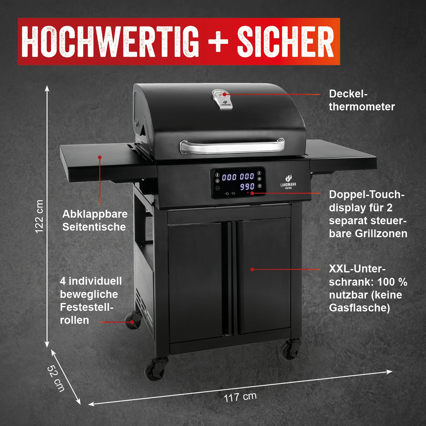 VOLTRIS Elektro-Grillwagen Schwarz mit 2 Heizelementen, Touchdisplay, Seitentischen, Thermometer und 4 Rollen, 59x40,5 cm Grillfläche.