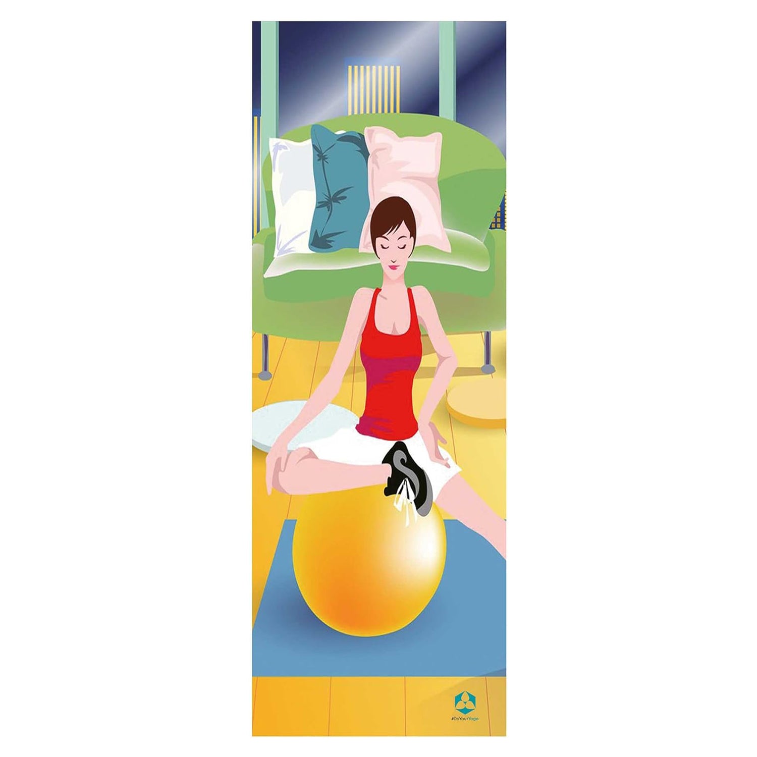 Frau sitzt im Schneidersitz auf Gymnastikball auf Yogamatte Yoganidra - 183 x 61 x 0,4 cm im Wohnraum.
