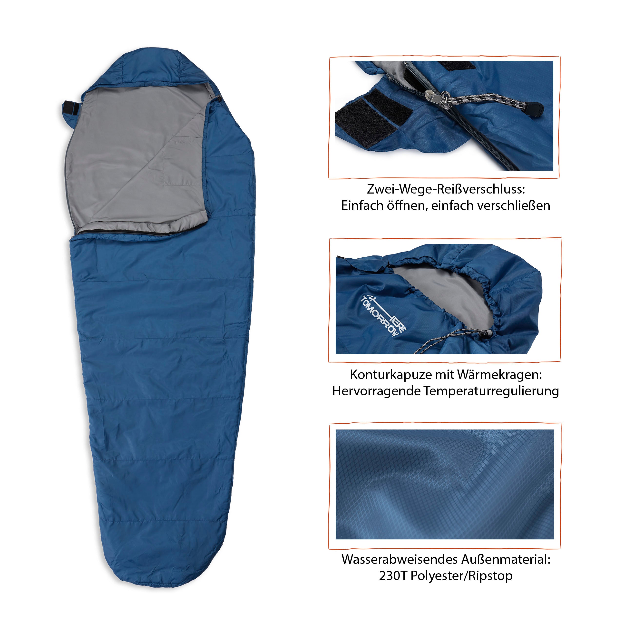 Camping Schlafsack Small & Light Royalblau mit wasserabweisendem Material, Konturkapuze, Wärmekragen und praktischer Tragetasche.
