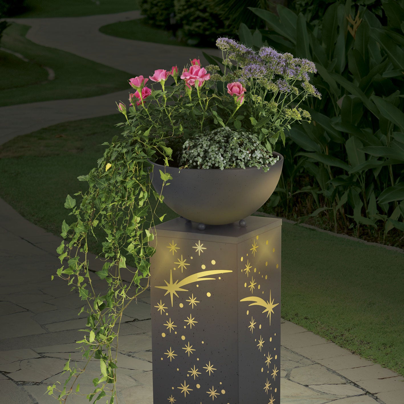 LED-Dekosäule Beton-Optik "Sternschnuppe" mit Pflanzschale, 59 cm, warmweiß leuchtend mit Timerfunktion, batteriebetrieben.