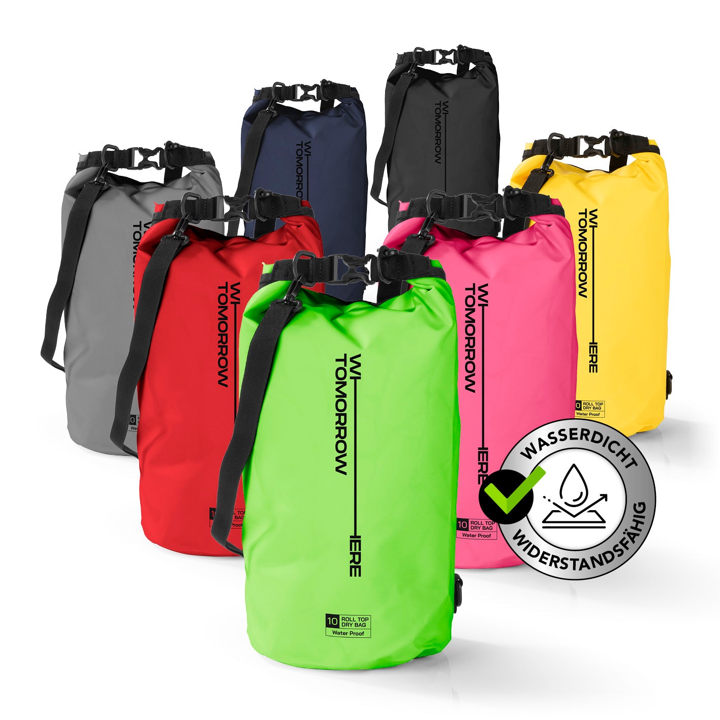 Dry Bag 10L - Style 02 - Grün wasserdichter, robuster Outdoor-Rucksack mit verstellbarem Schultergurt und Rolltop-Verschluss von WASSERDICHT WIDERSTANDSFÄHIG.