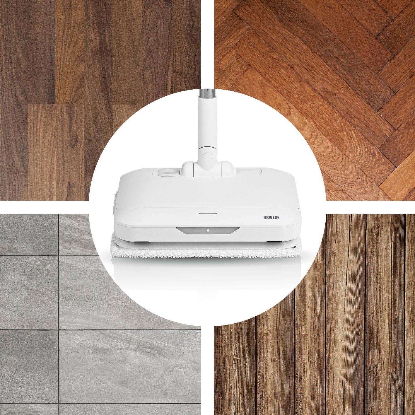 Akku-Vibrationsmopp Moonlight White Edition vor verschiedenen Böden mit Vibration, Sprühfunktion und LED-Beleuchtung für einfache Reinigung.