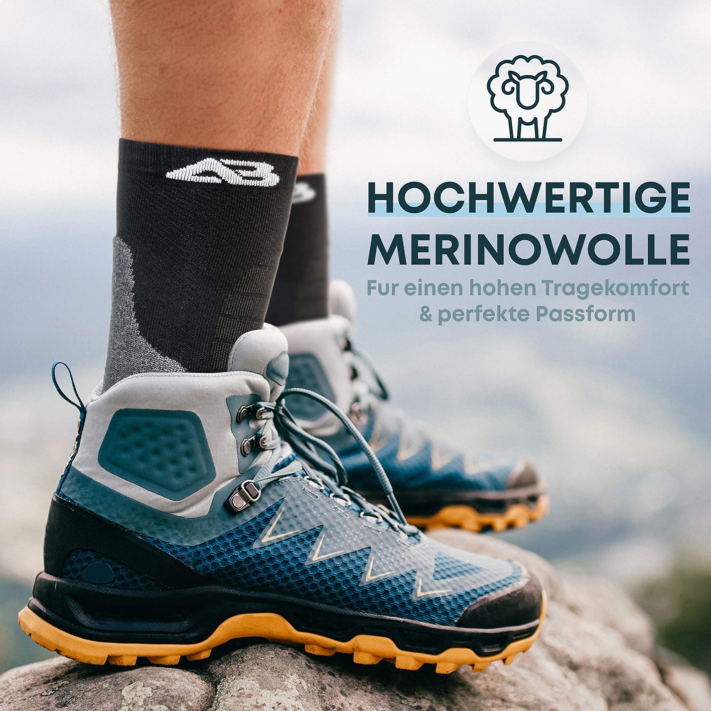 Wandersocken Merino Wolle - 3er-Set - Schwarz - Größe 43-48 in Wanderschuhen, ideal für Komfort und Blasenschutz beim Trekking.