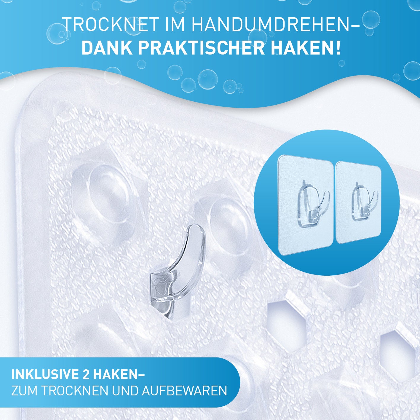 Badewannenmatte 88 x 40 cm – Transparent mit rutschfester Oberfläche, Saugnäpfen und 2 praktischen Haken zum Trocknen und Aufbewahren.