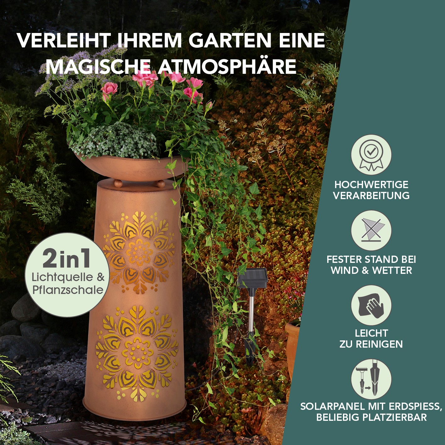 LED-Dekosäule mit Pflanzschale - Rost-Optik Mandala mit Solarbeleuchtung und ausgeschnittenem Mandala-Design für Garten, Terrasse und Balkon.
