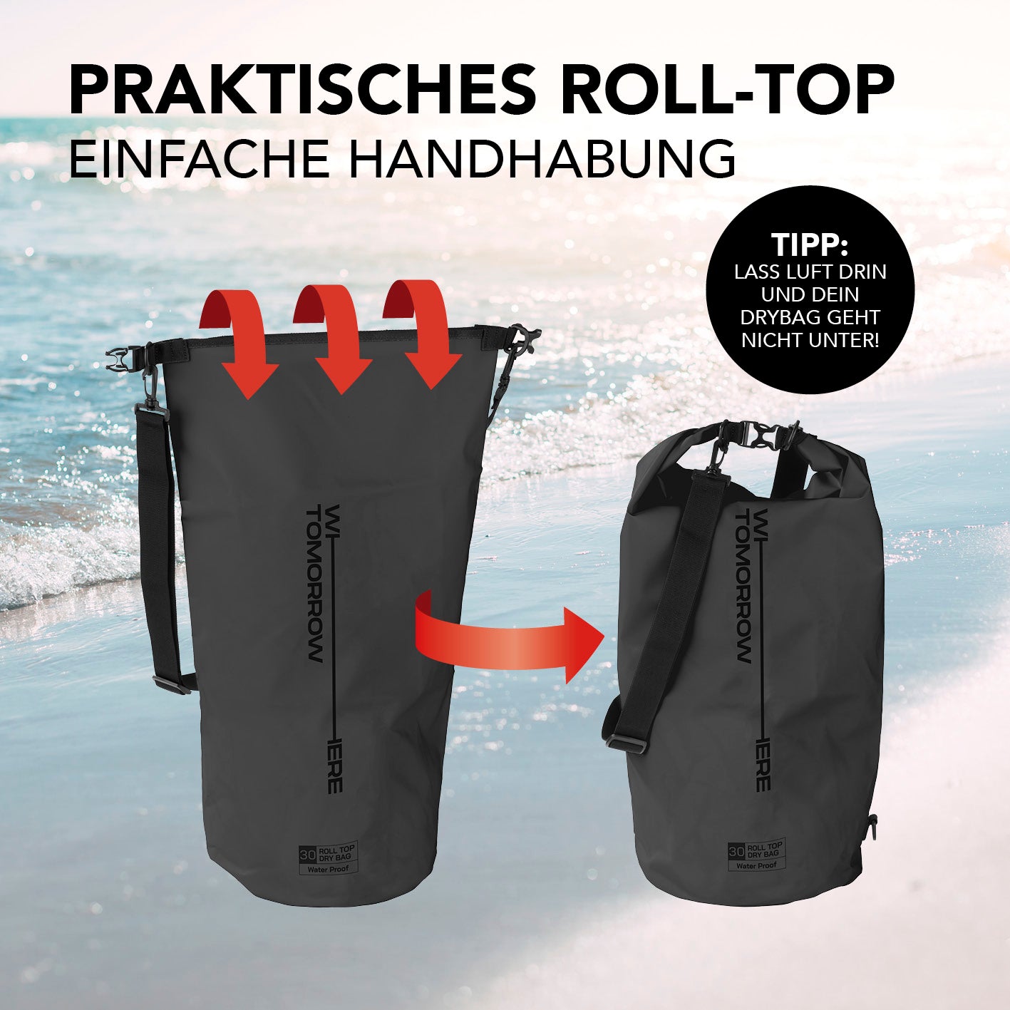 Dry Bag 30L - Style 02 - Schwarz mit praktischem wasserdichtem Rolltop-Verschluss für sicheren Schutz bei Outdoor-Abenteuern.