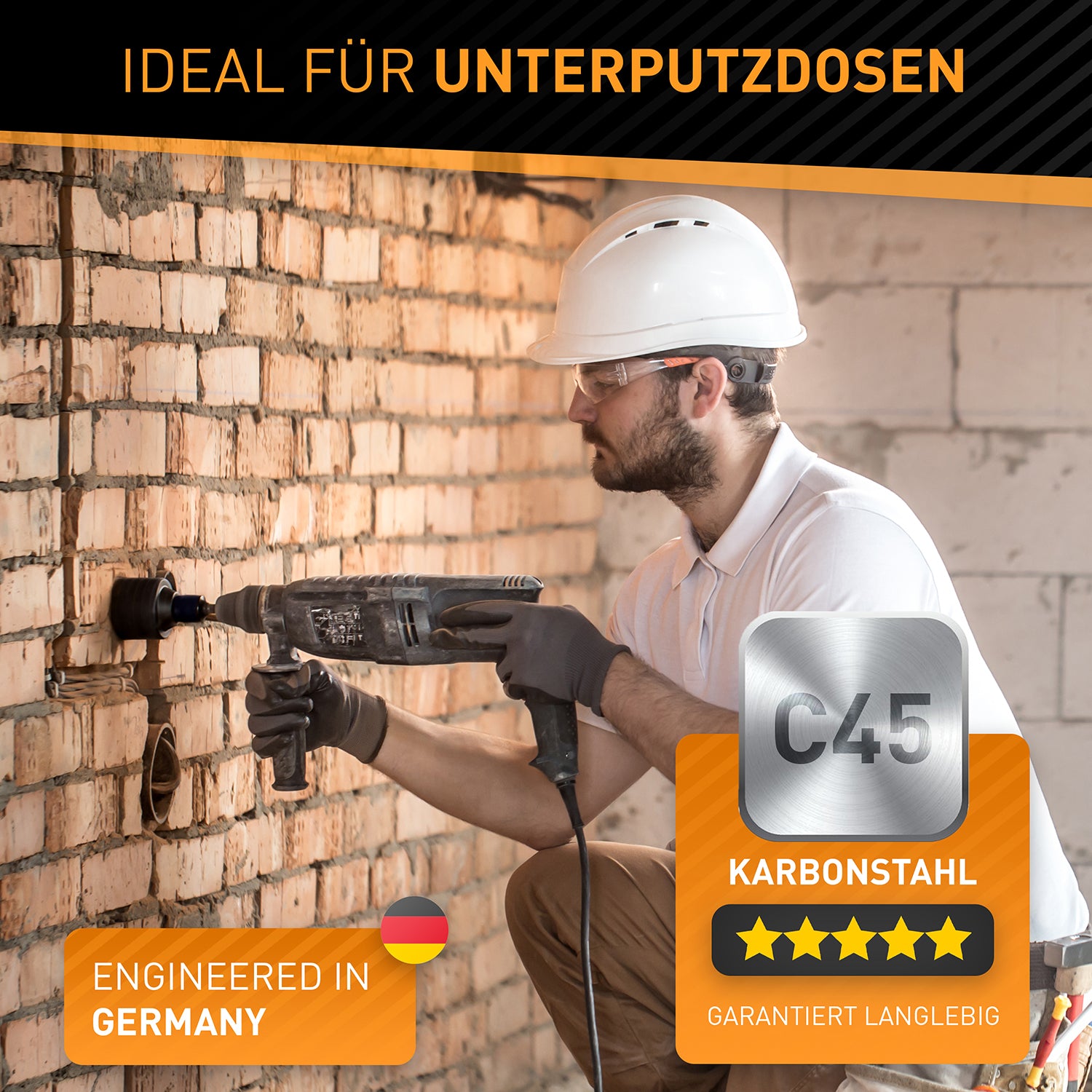 Bohrkronen Set - 68mm + SDS-Plus-Adapter für Unterputzdosen aus langlebigem C45 Karbonstahl, inklusive SDS-Plus-Adapter und Aufbewahrungsbox.