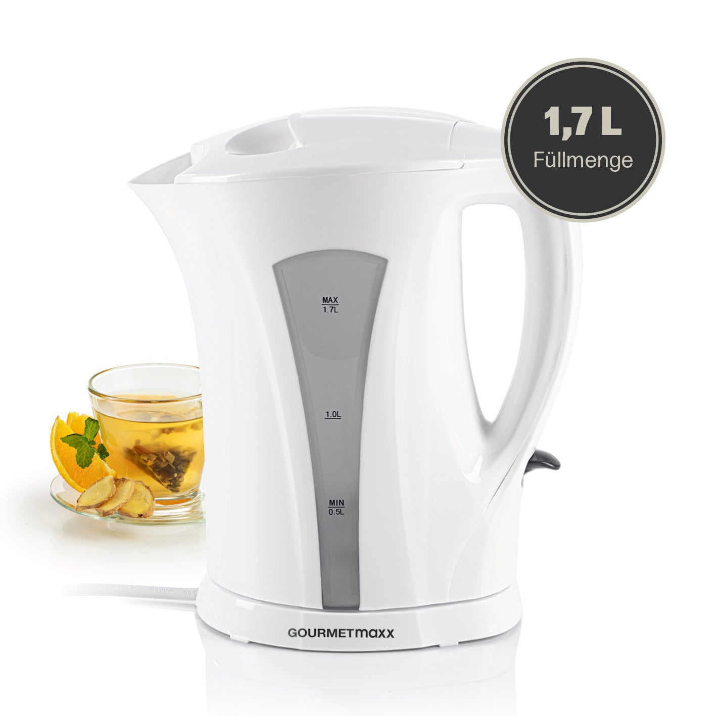 Wasserkocher mit Kalkfilter - 1,7l - weiß/grau, kabellos mit Wasserstandsanzeige und herausnehmbarem Filter für einfache Reinigung.