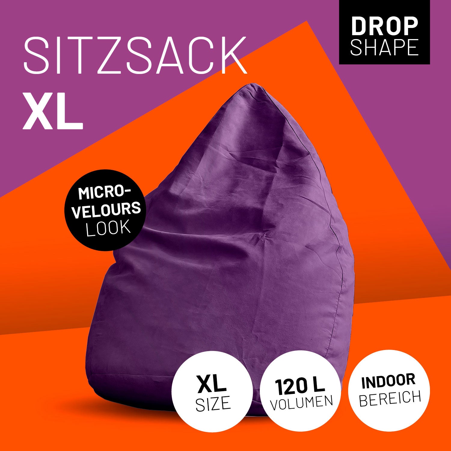 Luxury XL Sitzsack (120 L) - indoor - Lila mit Micro-Velours Look, Drop Shape und 120 Litern Volumen ideal für modernes Wohnen.