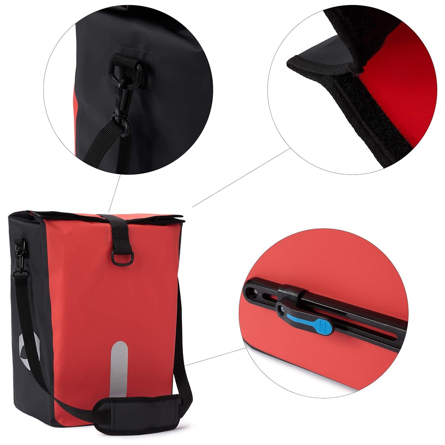 Wasserdichte Fahrradtasche Roll-Top - 21 L - Rot mit reflektierendem Material, robustem Tragegriff und praktischem Schnellverbindungssystem.