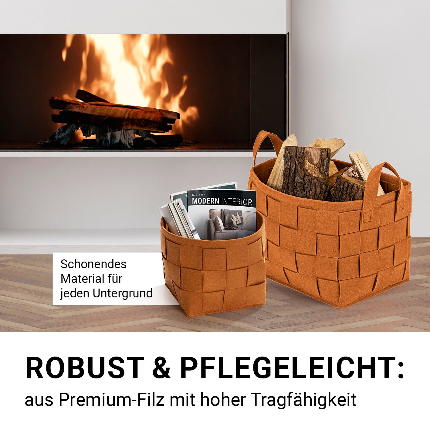 Filz-Aufbewahrungskorb S - 24 x 24 x 24 cm - Rost, faltbar, robust und schonend für Böden, ideal für Holz und Magazinaufbewahrung.
