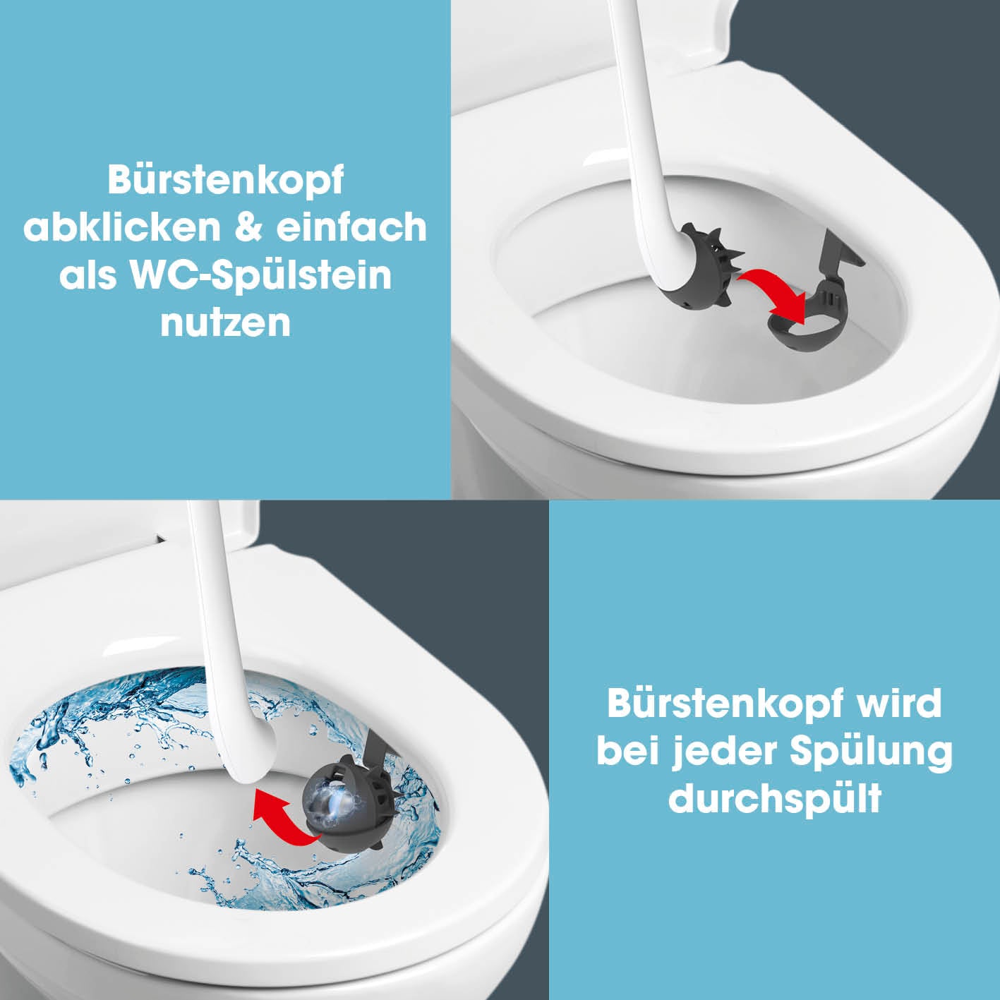 WC-Bürste - 2 in 1-Klick-System - weiß/schwarz mit abklickbarem Bürstenkopf und integrierter WC-Spülsteinfunktion für Hygiene