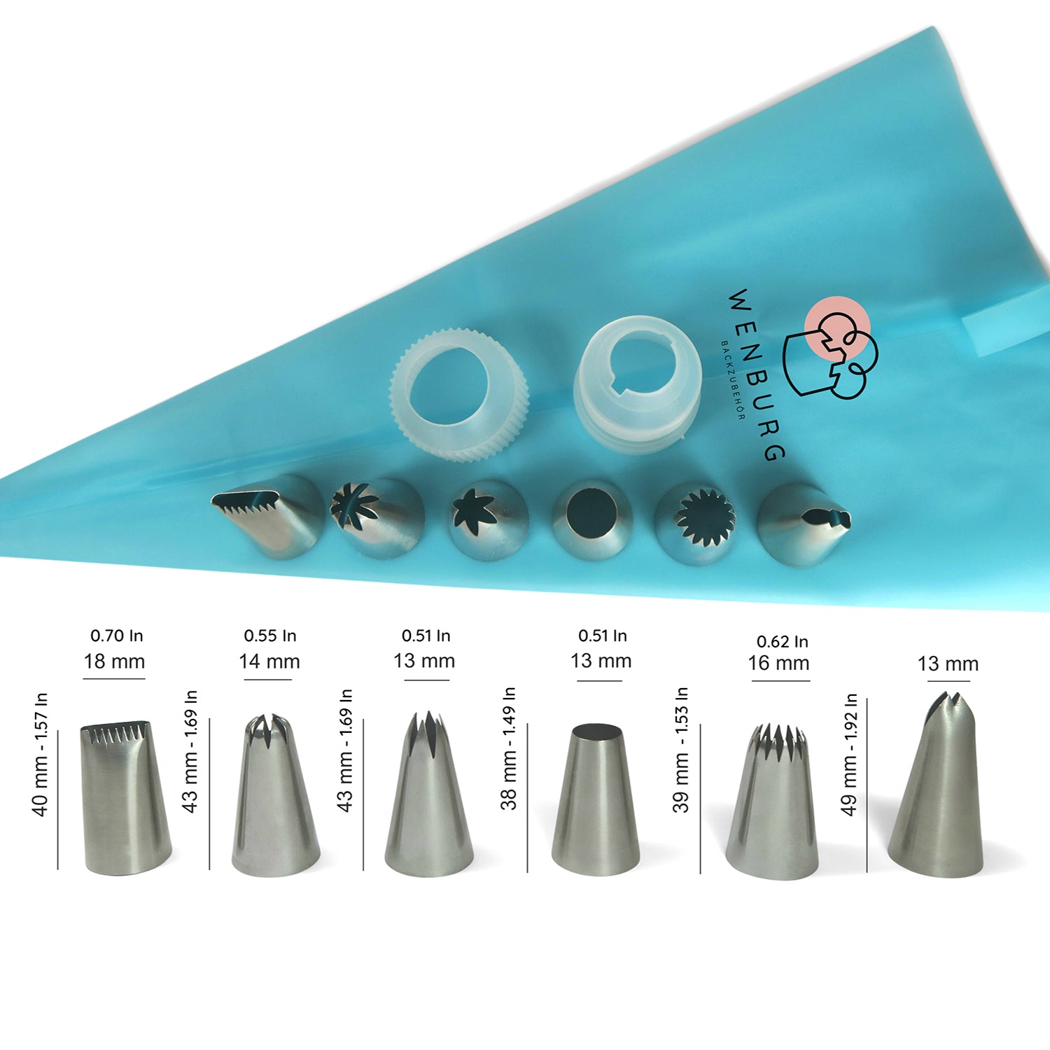 Silikonspritzbeutel mit 6 Edelstahltüllen - 35 cm Set mit langlebigen, spülmaschinenfesten Tüllen für vielseitiges Backdekor.