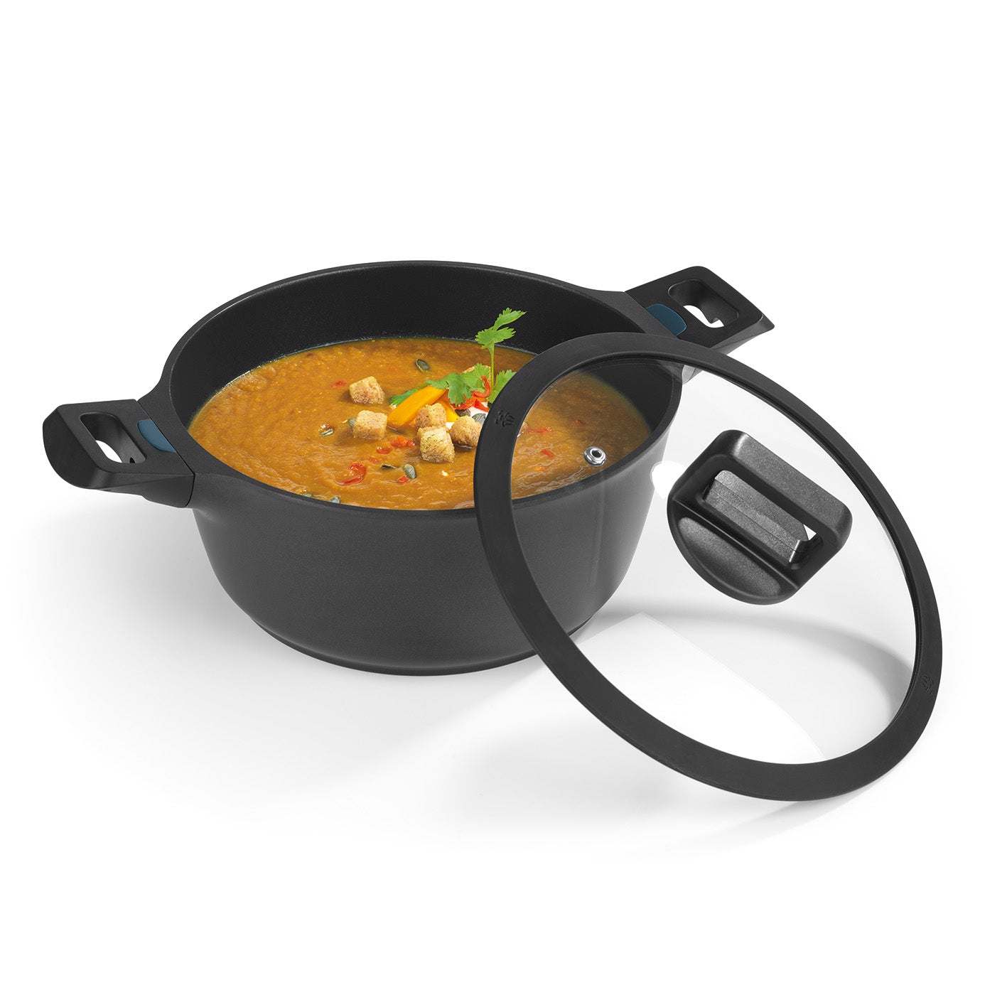 Aluguss-Kochtopf 24 cm - N8WERK Heat Indicator - Midnight Edition mit Deckel, gefüllt mit Suppe, auf weißem Hintergrund.