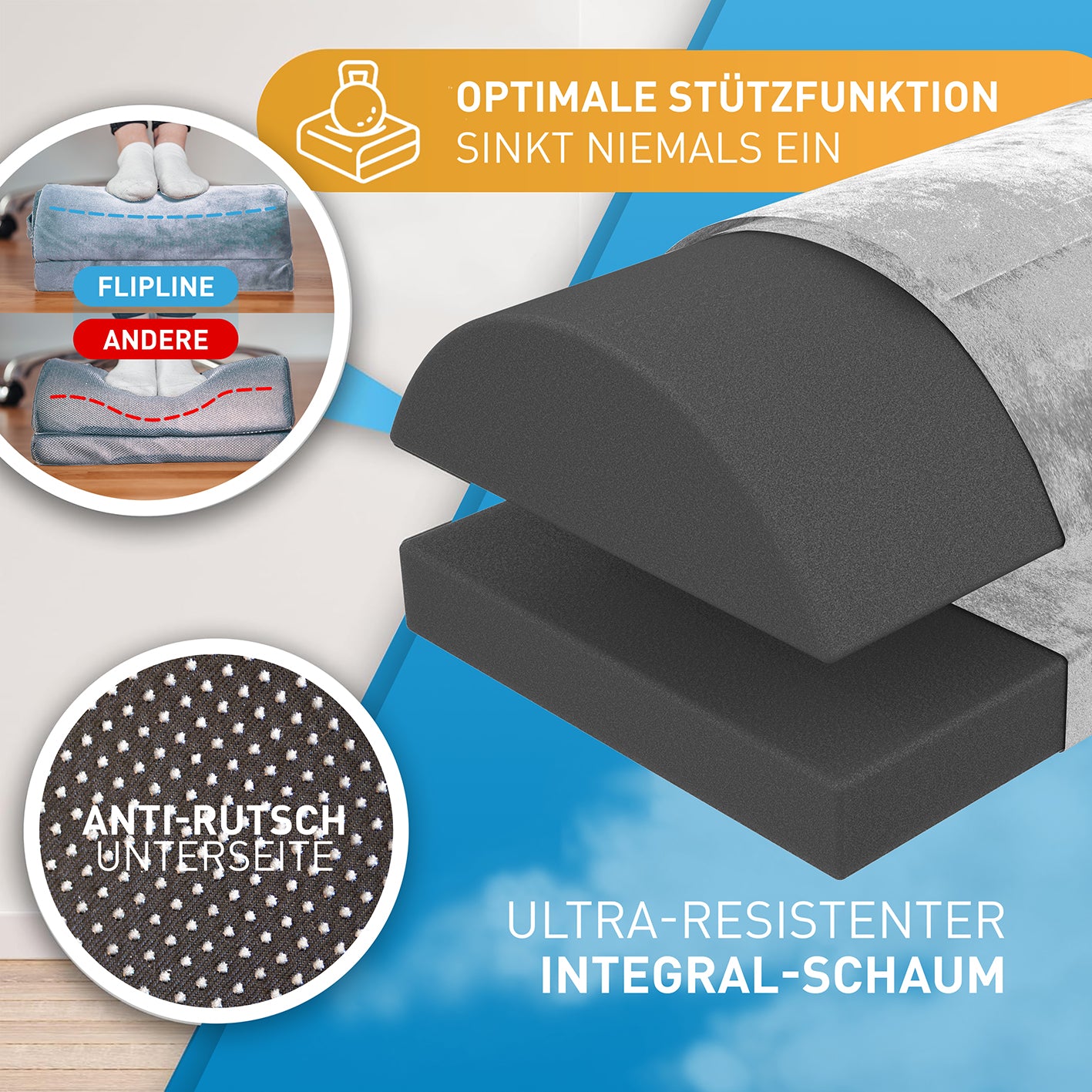 Schreibtisch-Fußstütze mit Fußtasche - Silber-Grau mit ergonomischem Design, Anti-Rutsch-Boden und ultra-resistentem Integral-Schaum für Komfort.