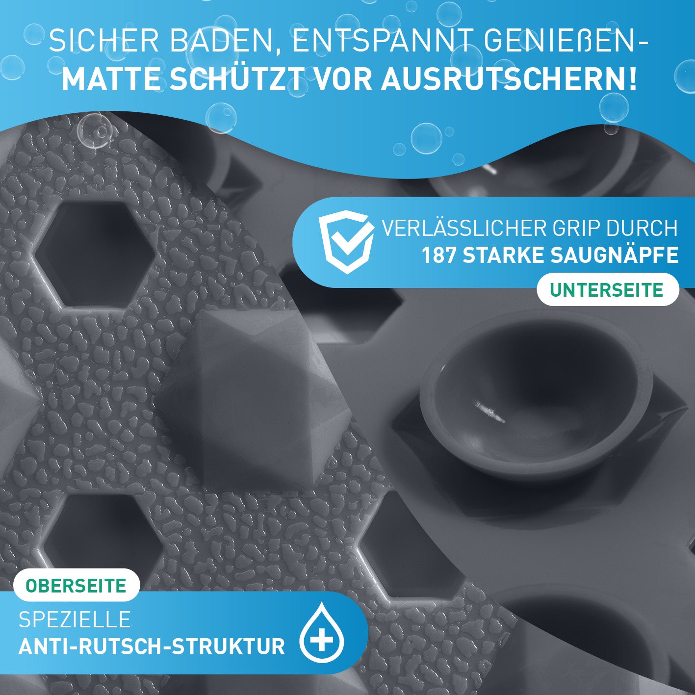 Badewannenmatte 88 x 40 cm – Dunkelgrau mit spezieller Anti-Rutsch-Struktur und 187 starken Saugnäpfen für sicheren Halt beim Baden.