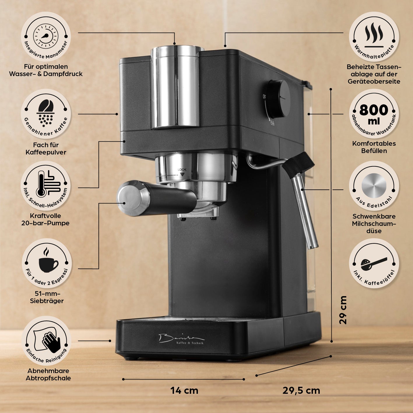 Siebträgermaschine Espresso Slim - 20 bar mit 51 mm Siebträger, Milchaufschäumer, Tassenwärmer und abnehmbarer Abtropfschale, kompakt und leistungsstark.