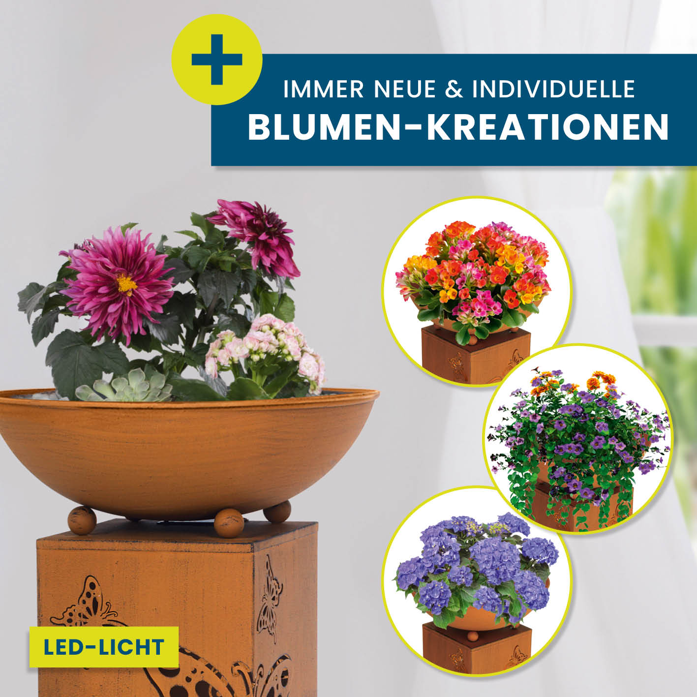 LED Pflanzsäule "Schmetterling" in 3D Rost-Optik 19x19x72 cm mit abnehmbarer Pflanzschale und LED-Beleuchtung