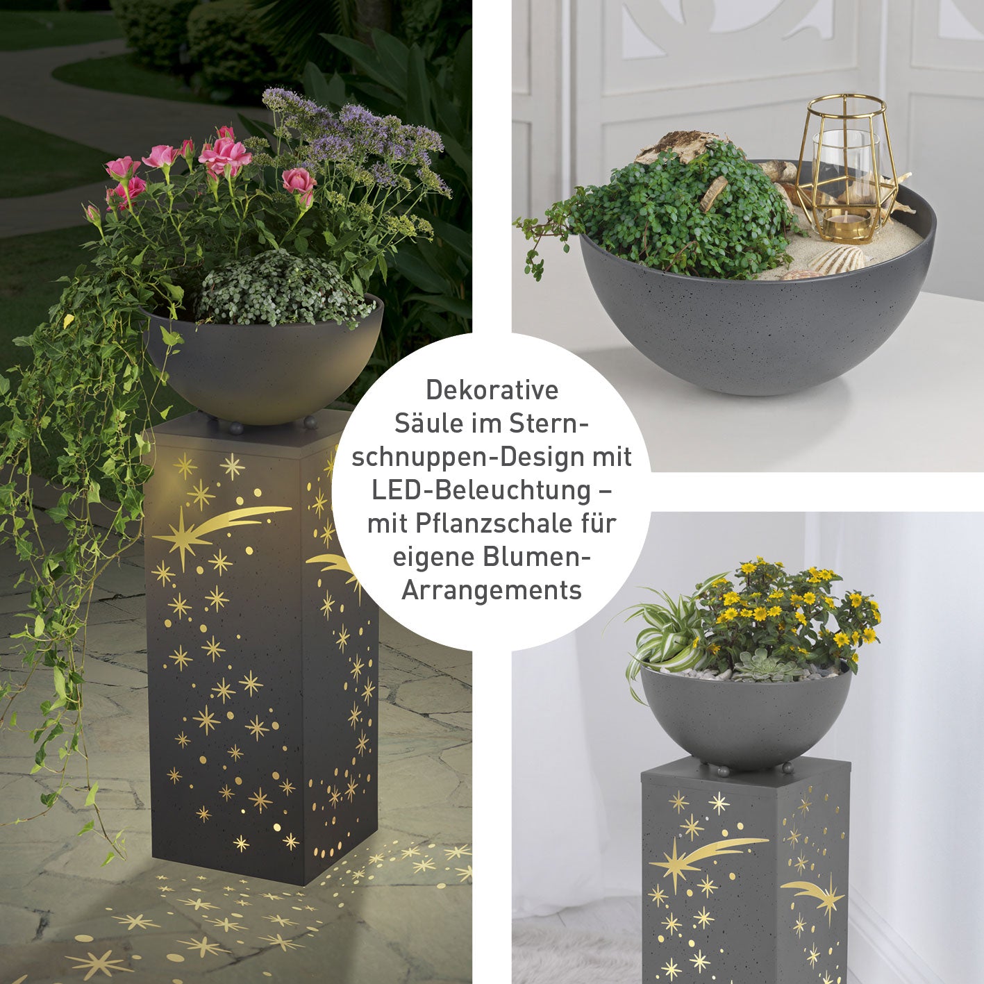 LED-Dekosäule Beton-Optik "Sternschnuppe" mit Pflanzschale, warmweiß leuchtend, batteriebetrieben, 59 cm, mit Timerfunktion.