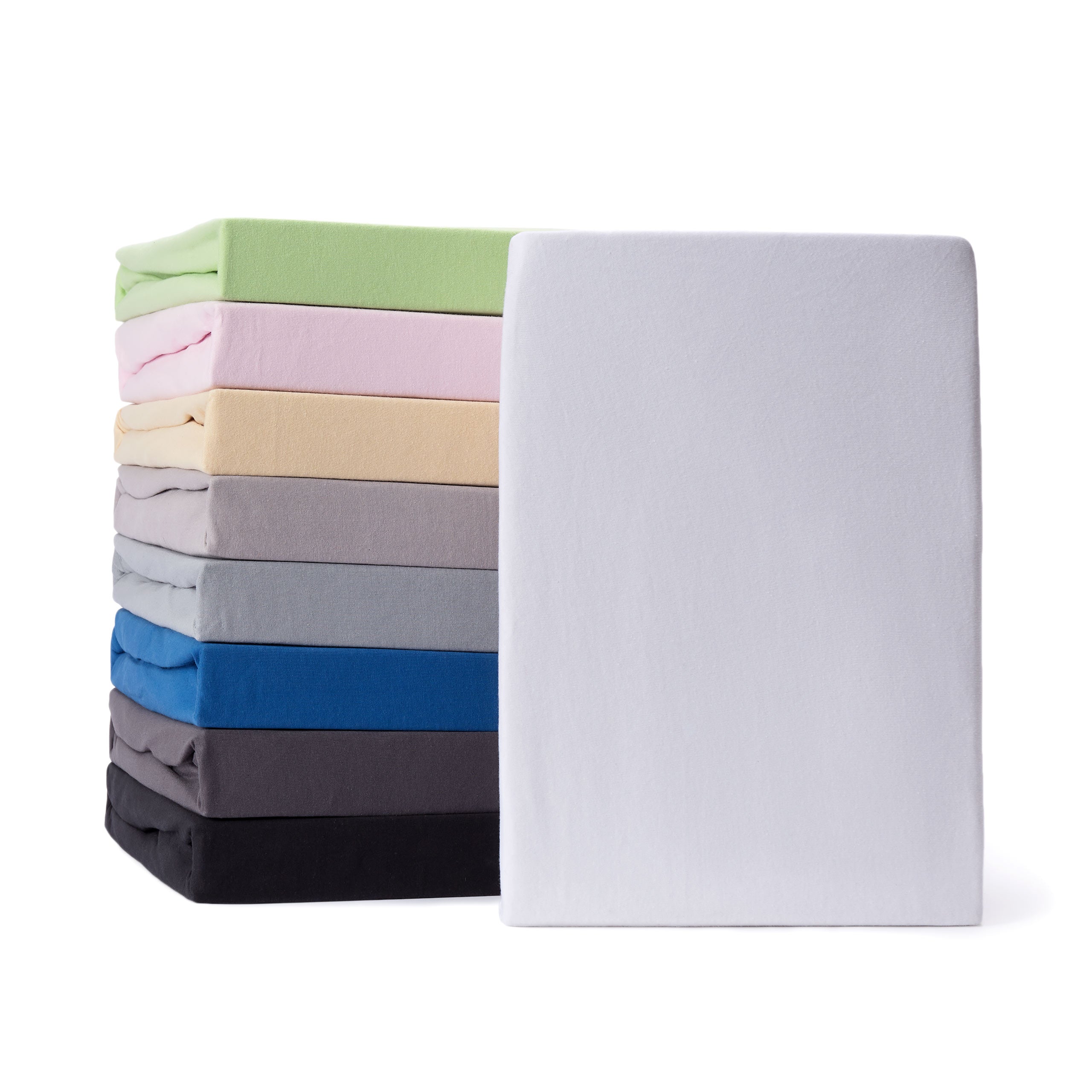 Comfort Jersey Spannbettlaken - 160 g/m² 100% Baumwolle, elastisch, bis 25 cm Steghöhe, farblich sortiert, weiß vorne.