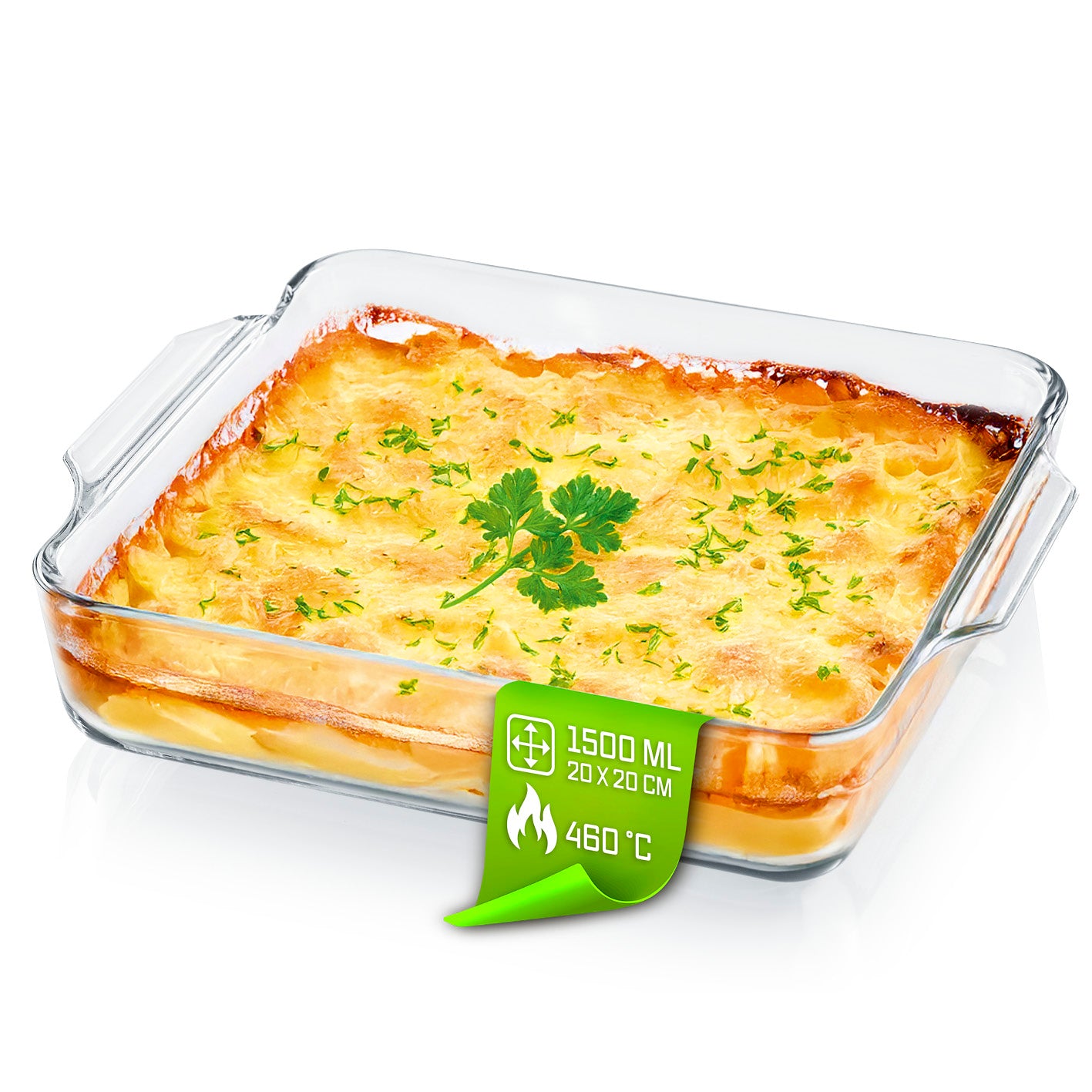Glas-Auflaufform für Heißluftfritteuse & Backofen - 24 x 20 x 5 cm - 1500 ml mit gebackenem Auflauf und Griffen aus Borosilikatglas.