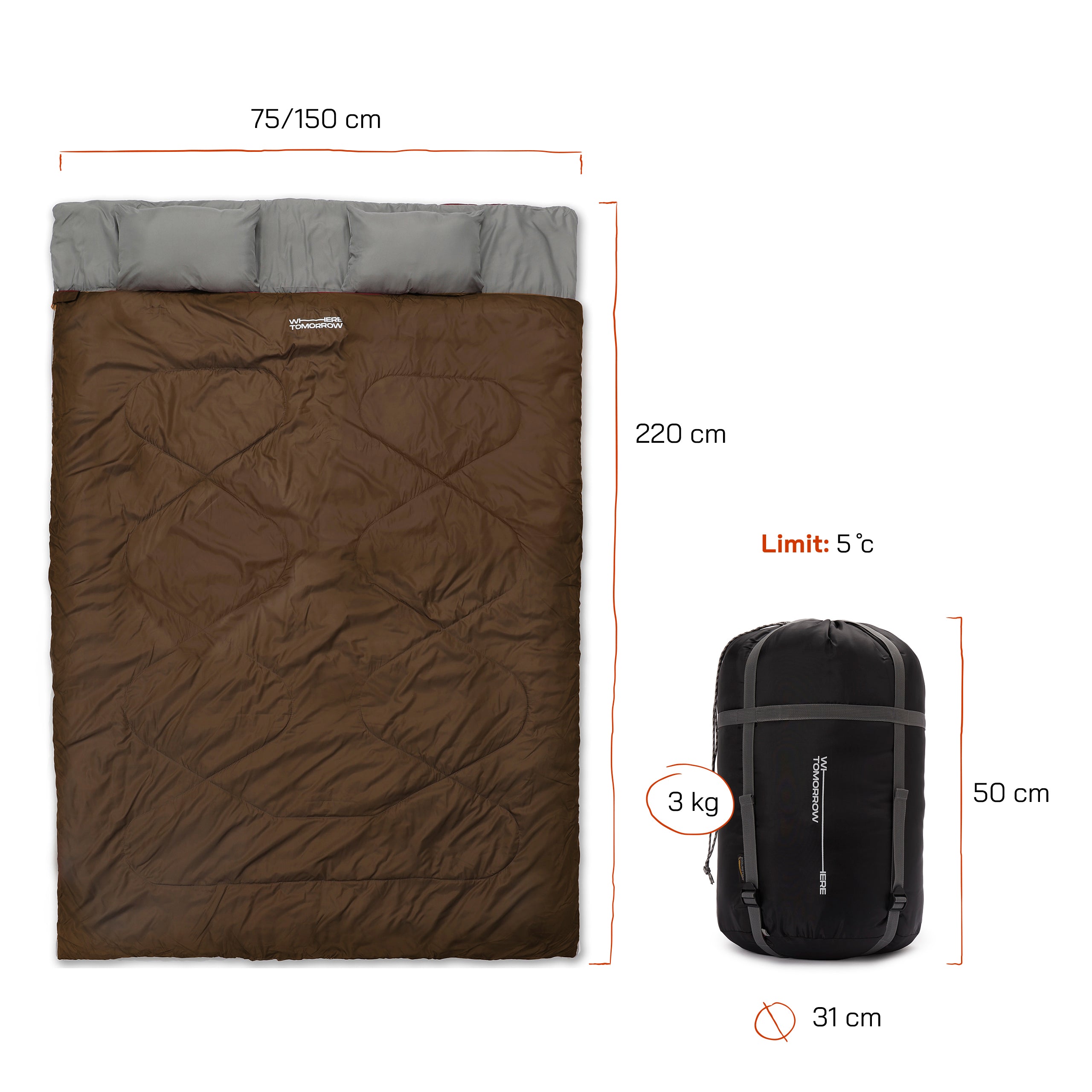 Doppelschlafsack mit Tragetasche - 2-Personen Schlafsack 190x150 cm Braun, wasserabweisend, für Camping und Outdoor bis 5°C limit.