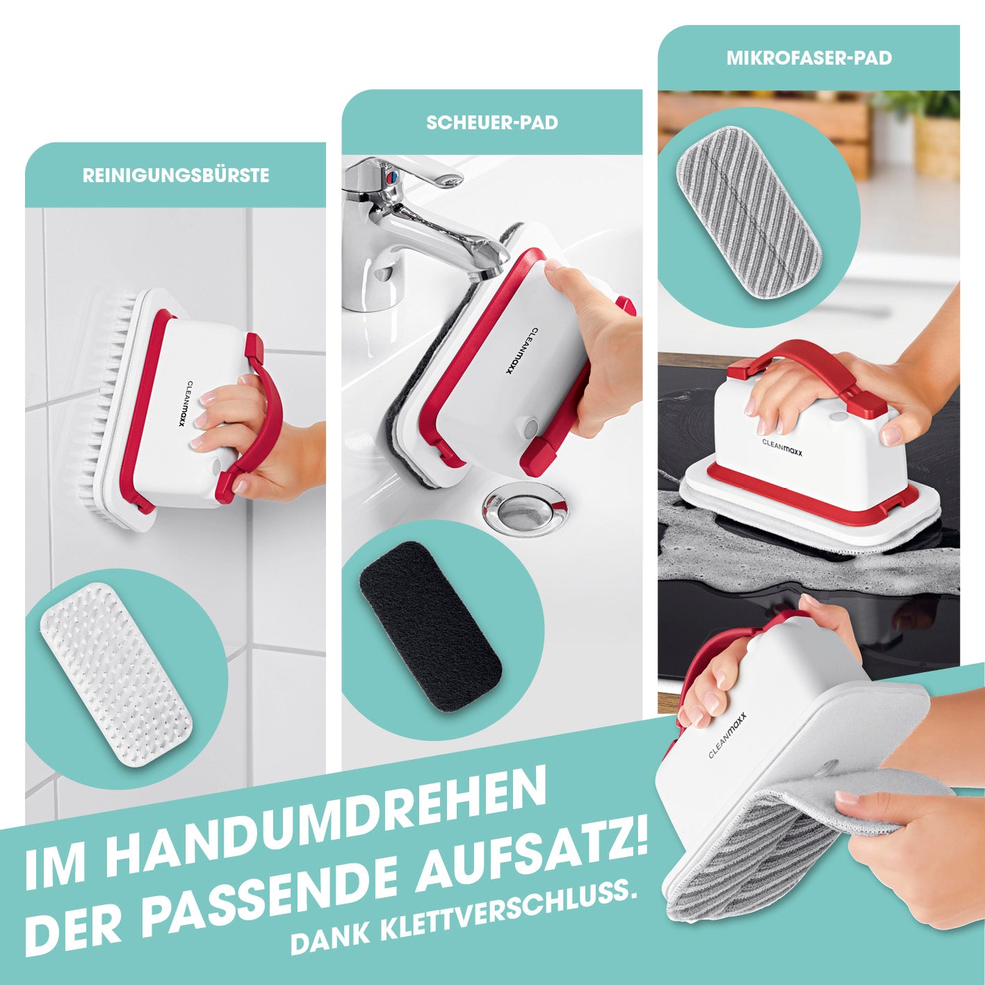 Akku-Scheuerbürste - weiß/rot mit drei Aufsätzen für vielseitige Reinigung kabellos und ergonomisch, bis zu 80 Minuten Akkulaufzeit.
