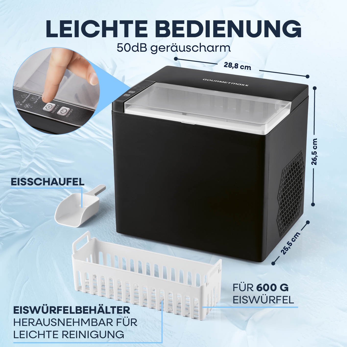 Eiswürfelmaschine inkl. Auffangbehälter & Eisschaufel, kompakt, leicht bedienbar mit 600-g-Auffangbehälter und Eisschaufel.
