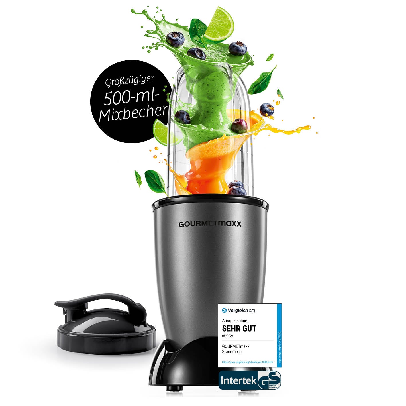 Mr. Magic Power 400 Pro Basis-Set M Anthrazit/Schwarz mit 500-ml Mixbecher, Edelstahlklingen und To-go-Deckel.