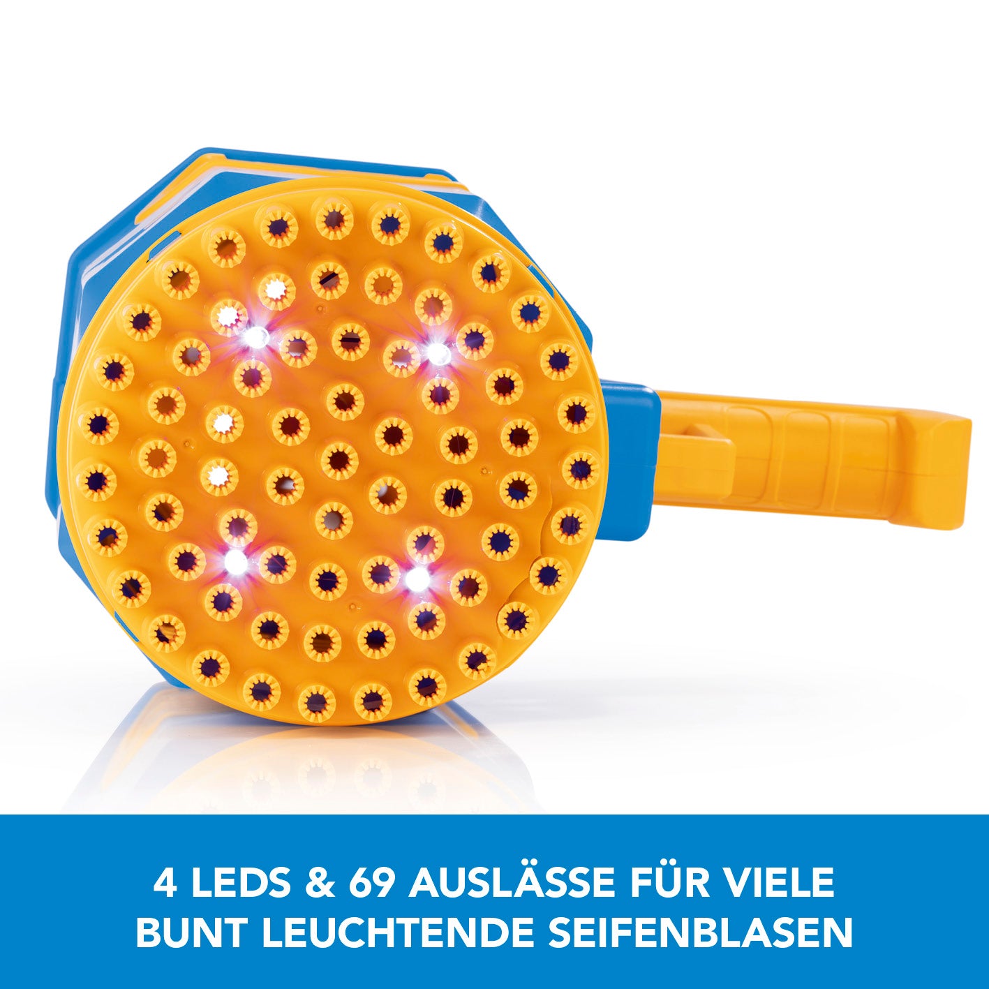 Bubble Maker / Seifenblasengerät mit 69 Auslässen und 4 LEDs für viele bunte leuchtende Seifenblasen, ideal für Partys und Kinder.