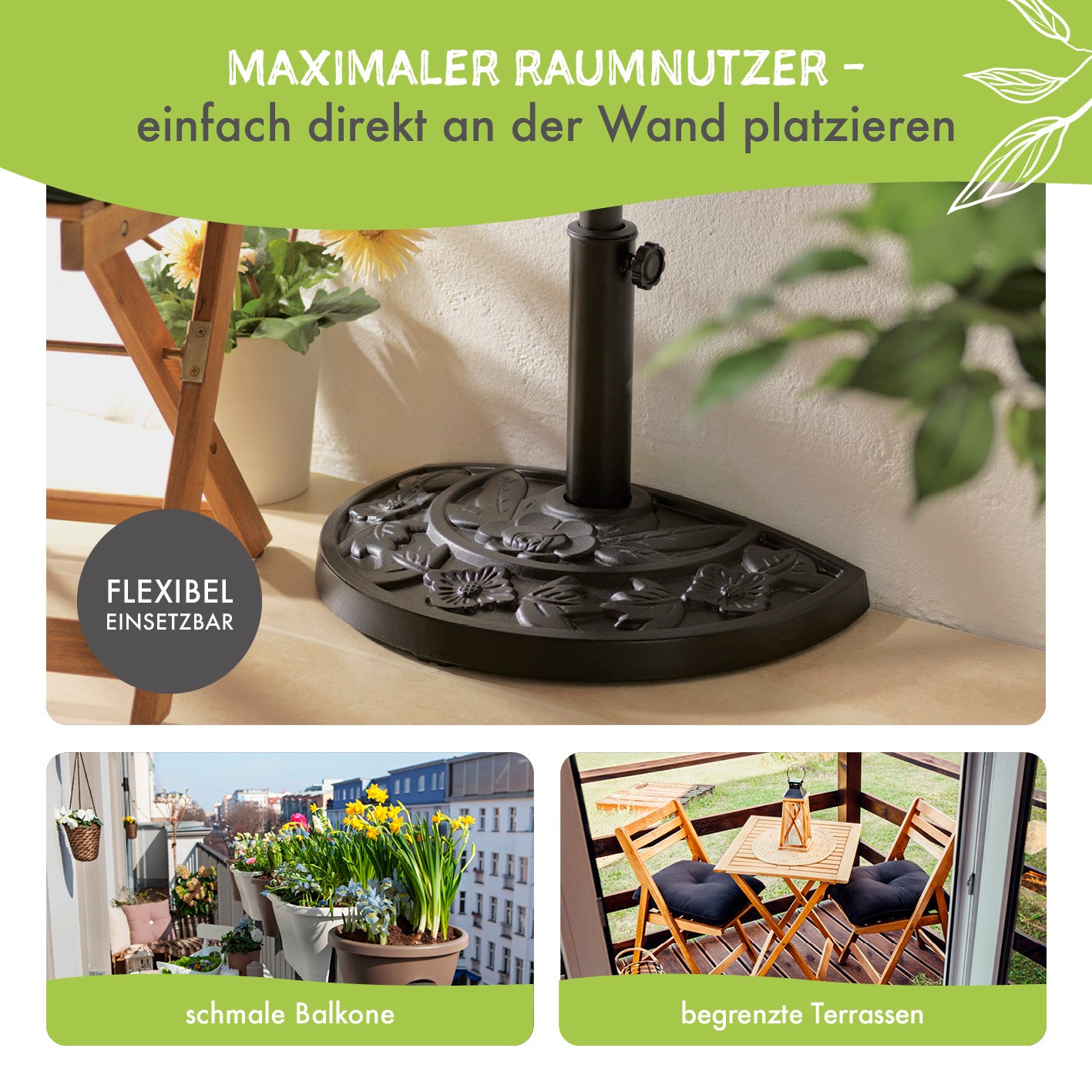 Sonnenschirmfuß Guß-Optik - Schwarz halbrund, platzsparend, passend für kleine Balkone und Terrassen, nostalgisches Design.