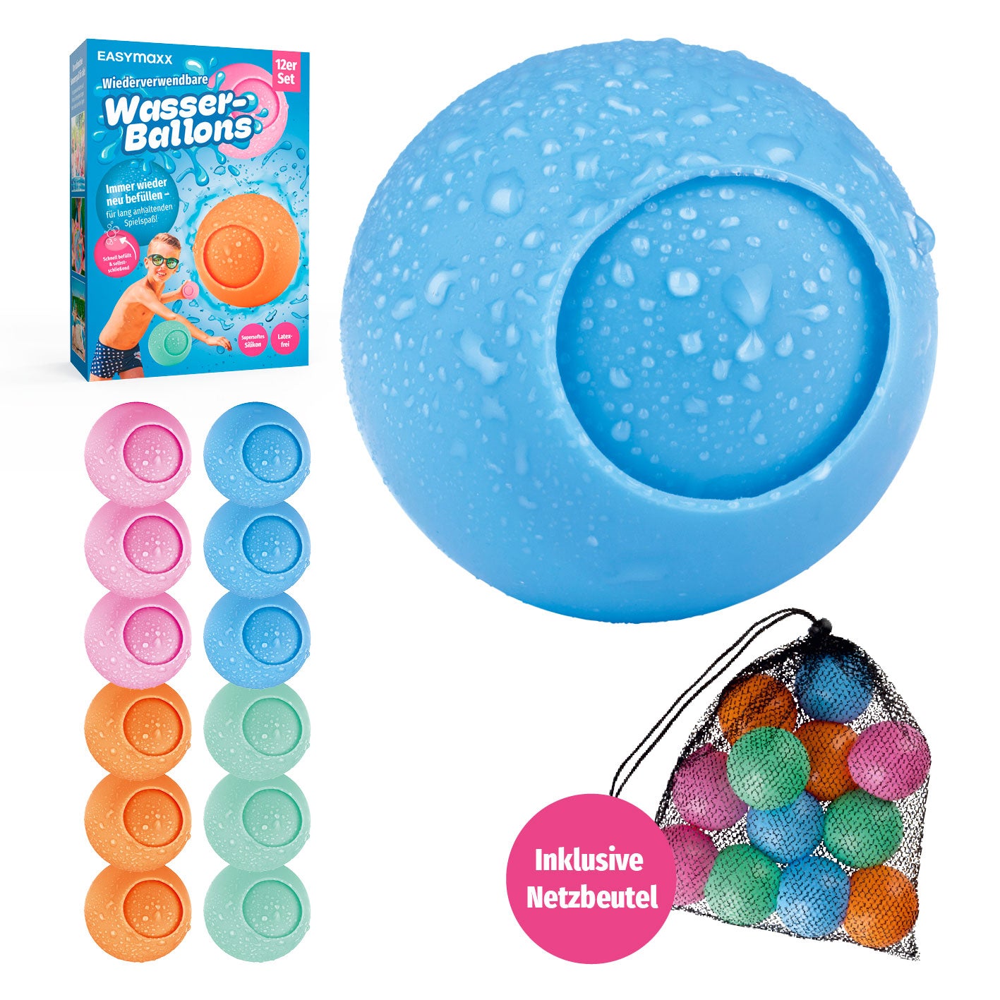 Silikon-Wasserballon - 12er-Set in bunten Farben mit Netzbeutel, wiederverwendbar und leicht für einfachen Wasserspaß im Sommer.
