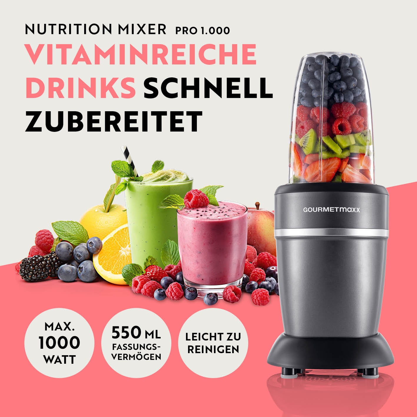 Nutrition Mixer Pro 1.000 mit Basis-Set M in Anthrazit/Schwarz, 1000W, 550 ml Mixbecher für schnelle vitaminreiche Drinks.