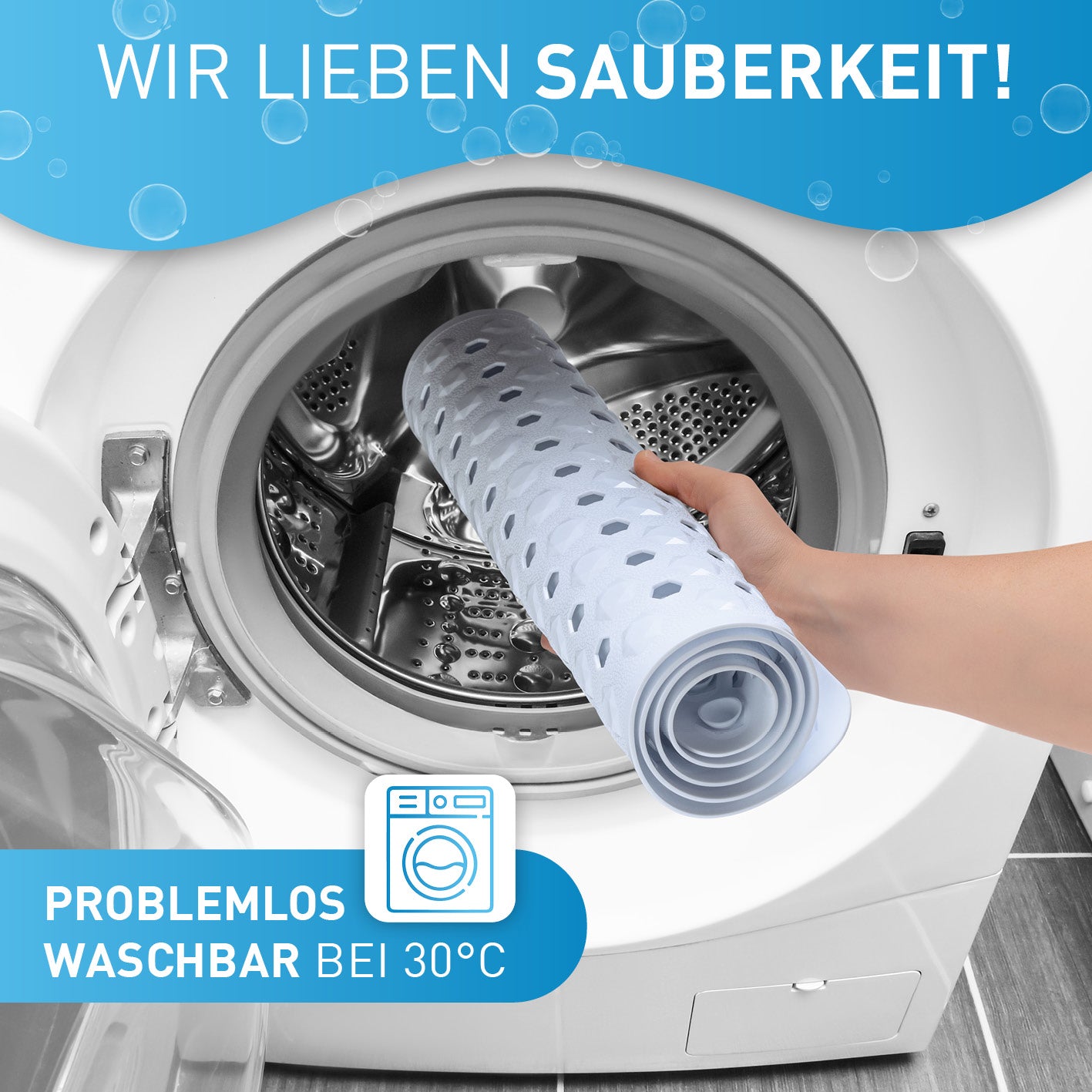 Badewannenmatte 88 x 40 cm – Weiß wird für die einfache Reinigung bei 30 °C gewaschen, rutschfest und hygienisch.