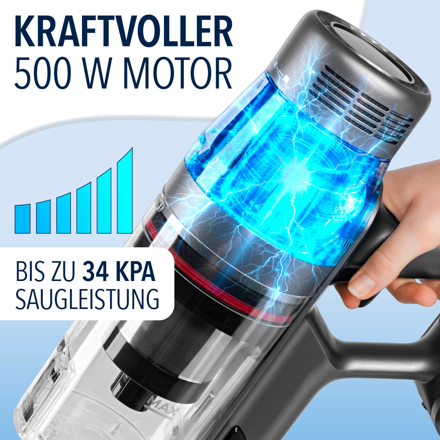 AeroTech 500 Staubsauger mit Absaugstation in Grau-Blau mit 500 W Motor und 34 kPa Saugleistung für kraftvolle Reinigung.