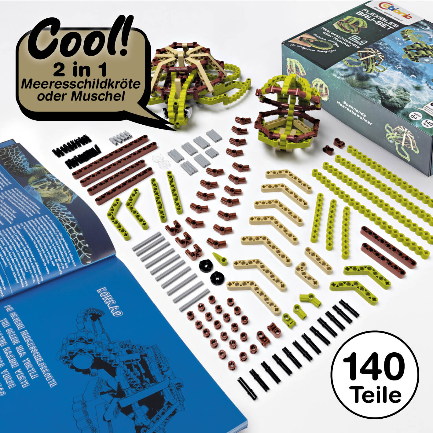 Baustein-Set Schildkröte mit 140 flexiblen Bausteinen für kreative, dynamische Natur-Modelle wie Meeresschildkröte oder Muschel.