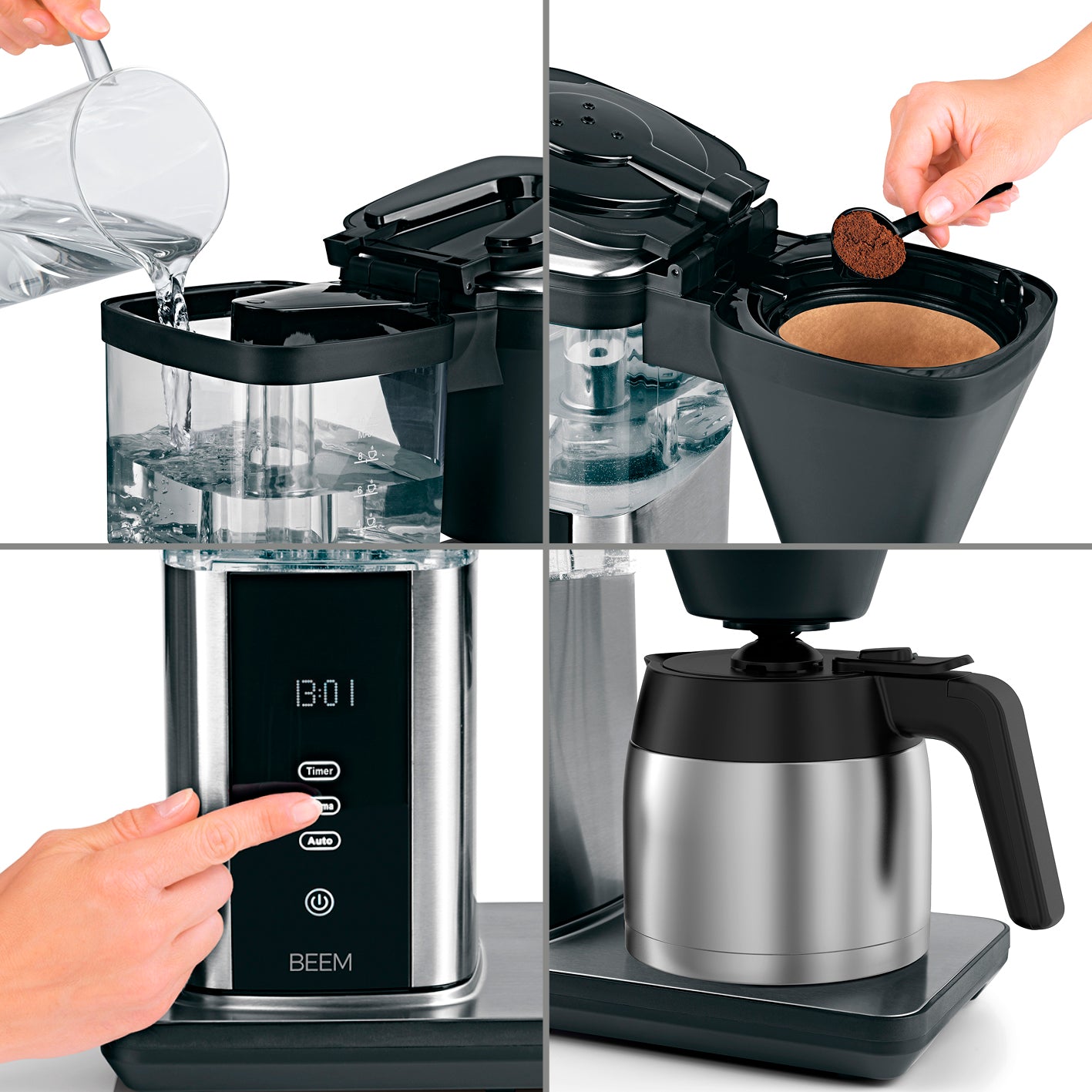 DIRECT-BREW Filterkaffeemaschine - Thermo mit Wasserbehälter, Aromafunktion, digitalem Touch-Display und Edelstahl-Thermokanne.