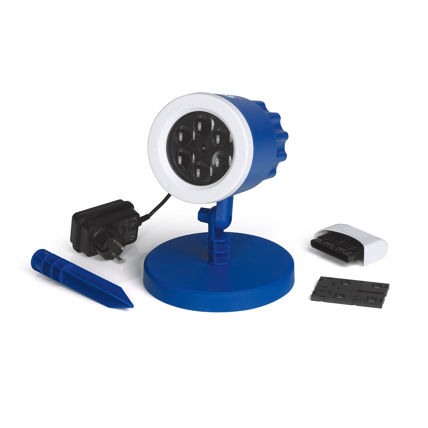 LED-Motivstrahler FC Schalke 05blau/weiß mit Logo, wetterbeständig, mit Erdspieß und Indoor-Sockel, projiziert rotierende S04 Logos.